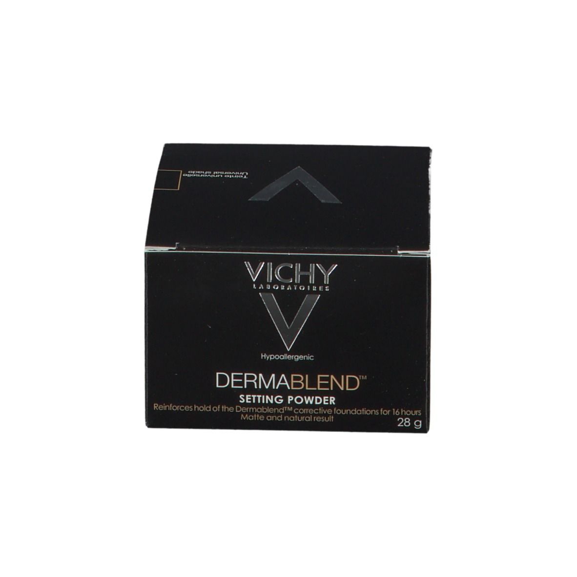Vichy Dermablend Fixierpuder-Schachtel. Schwarze Schachtel, weißer Text. Logo Vichy und Dermablend.