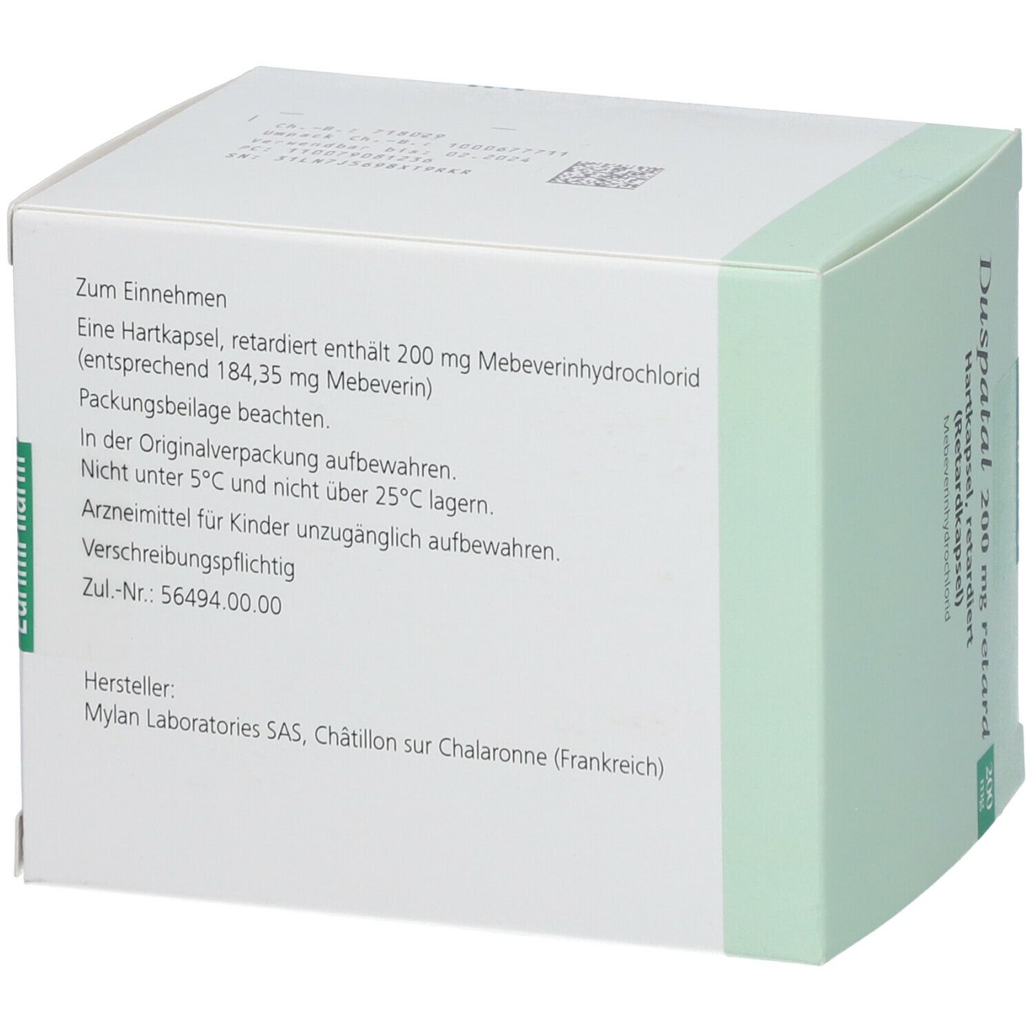 Weißer Karton mit Text. Enthält Informationen zu Duspatal 200 mg retard. Hersteller: Mylan Laboratories SAS.