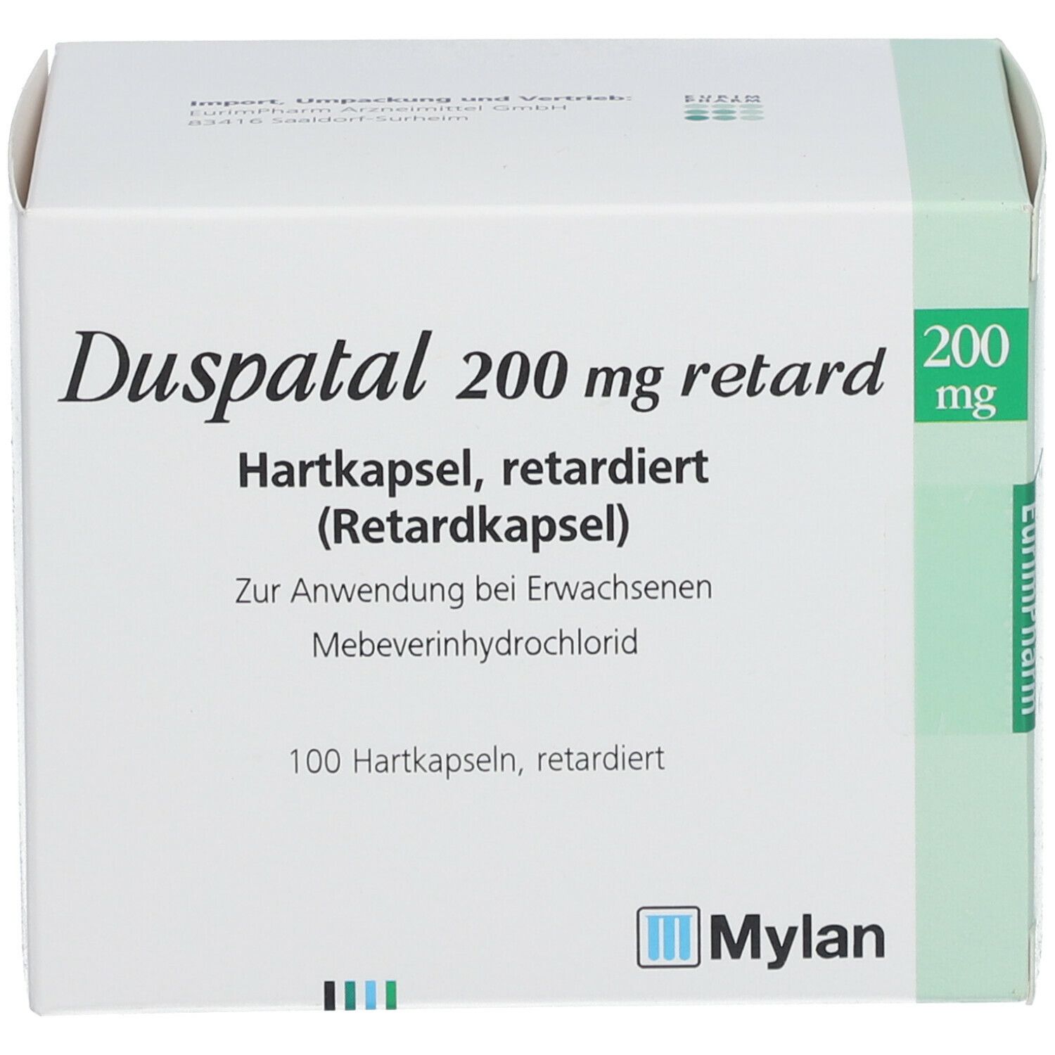 Weißer Karton mit Aufschrift Duspatal 200 mg retard. Enthält 100 Hartkapseln. Mylan-Logo.