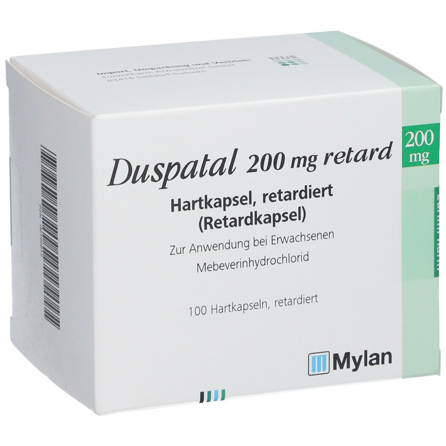 Weißer Karton mit Aufschrift Duspatal 200 mg retard. Mylan-Logo.