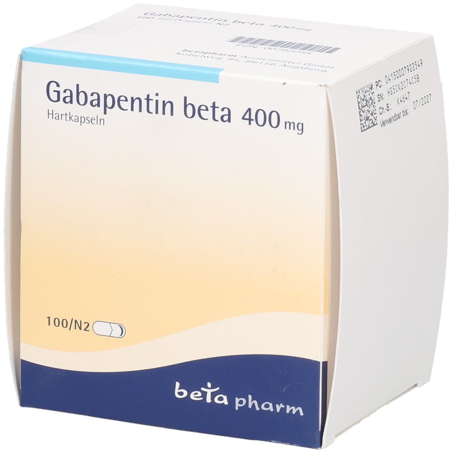 Schachtel mit Gabapentin beta 400 mg Hartkapseln. Aufschrift: beta pharm. 100/N2. Weiße und gelbe Farbgebung.
