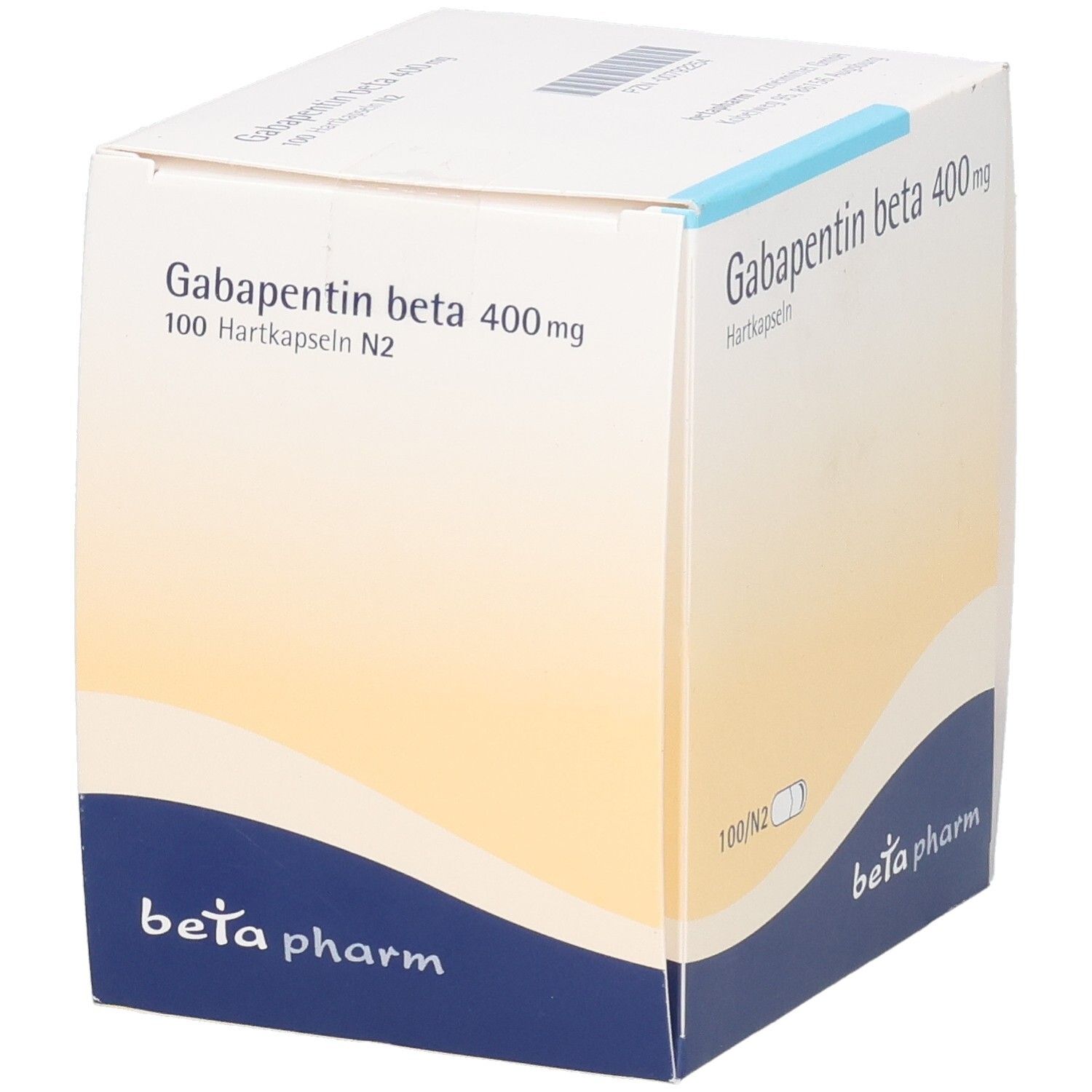Schachtel mit Gabapentin beta 400 mg Hartkapseln. Aufschrift: beta pharm. 100 Hartkapseln N2. Blau-weiße Farbgebung.