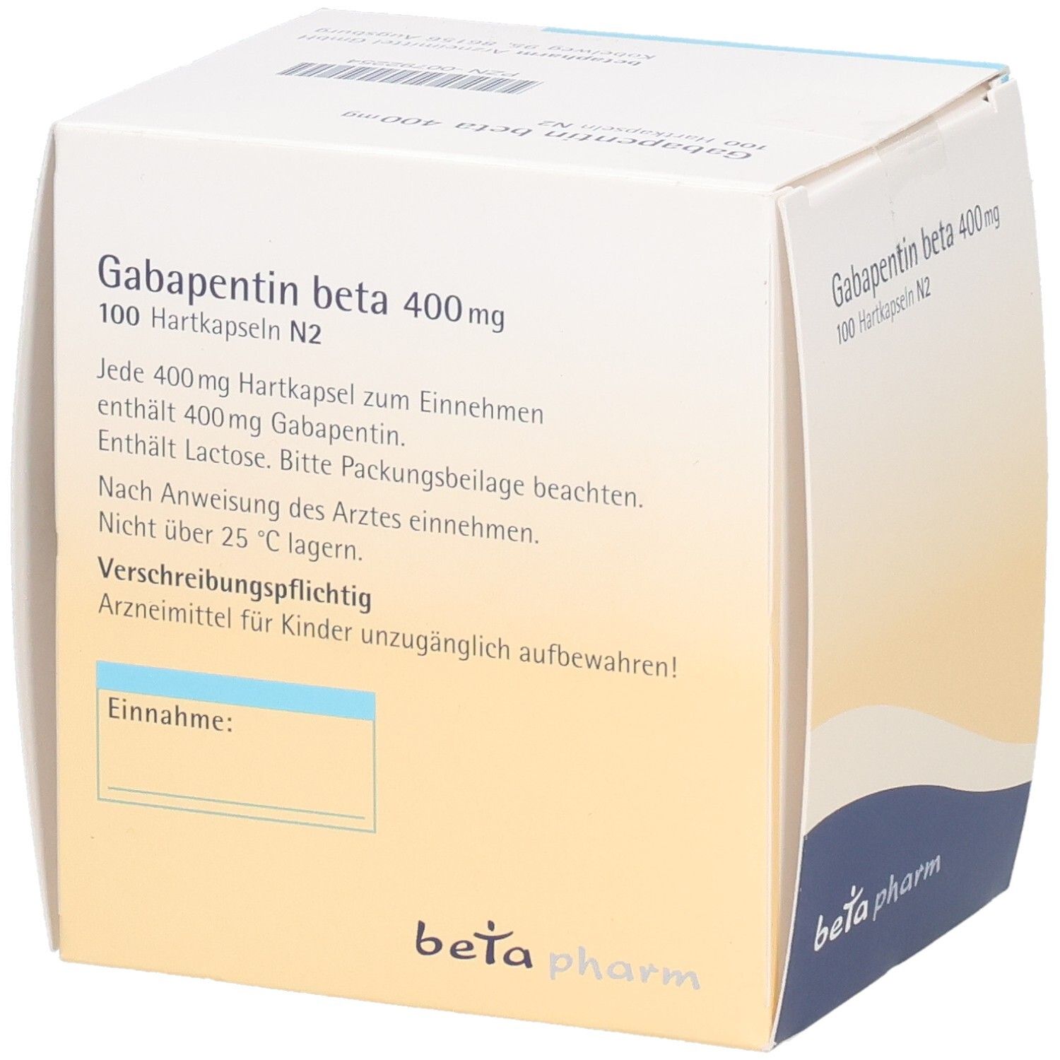 Schachtel mit Gabapentin beta 400 mg Hartkapseln. Text auf der Seite. Aufschrift: beta pharm. Verschreibungspflichtig.