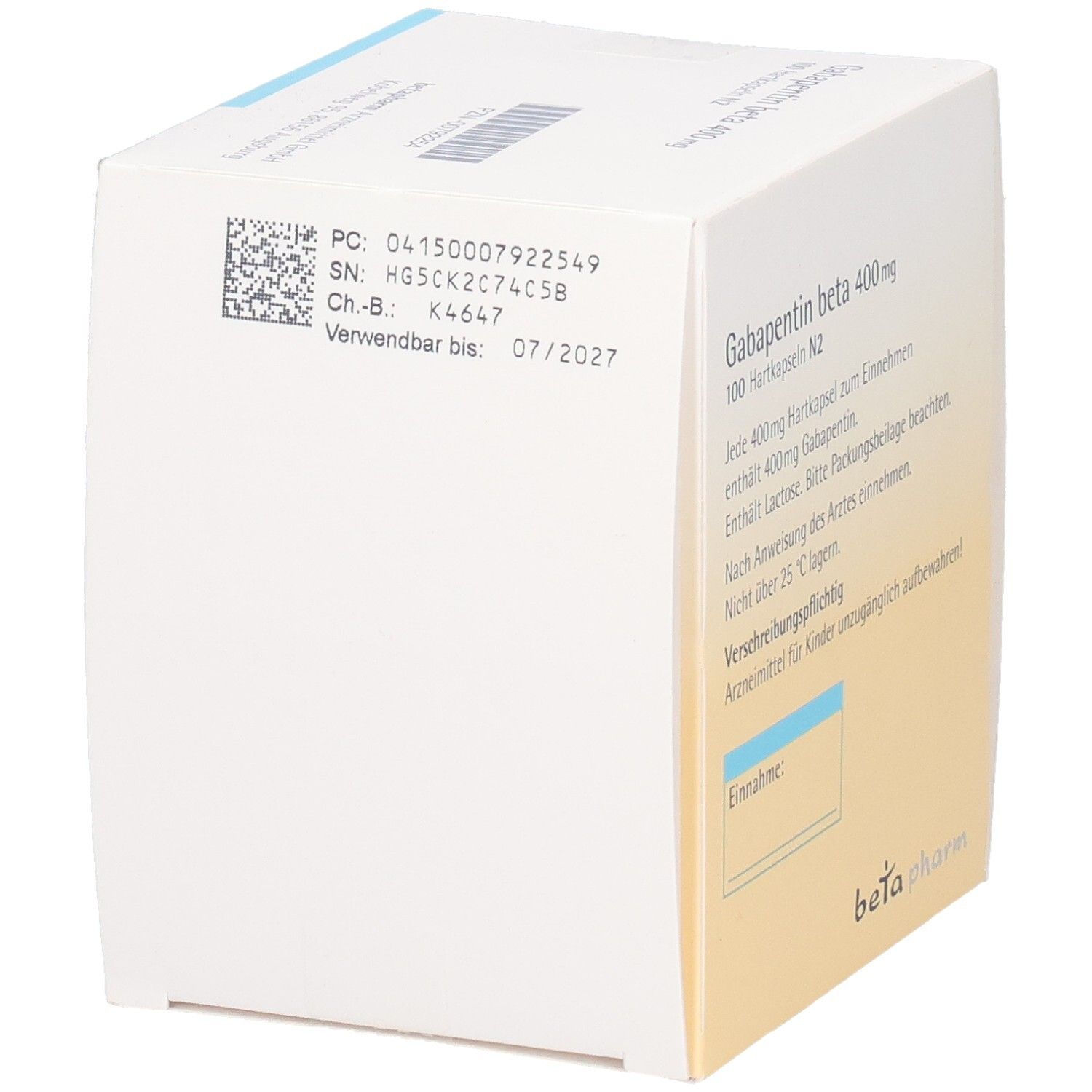 Schachtel mit Gabapentin beta 400 mg Hartkapseln. Rückseite mit Barcode und Verfallsdatum. Aufschrift: beta pharm.