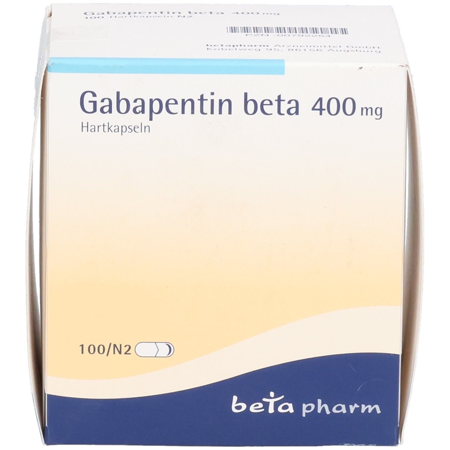 Schachtel mit Gabapentin beta 400 mg Hartkapseln. Aufschrift: beta pharm. 100/N2. Weiße und gelbe Farbgebung.
