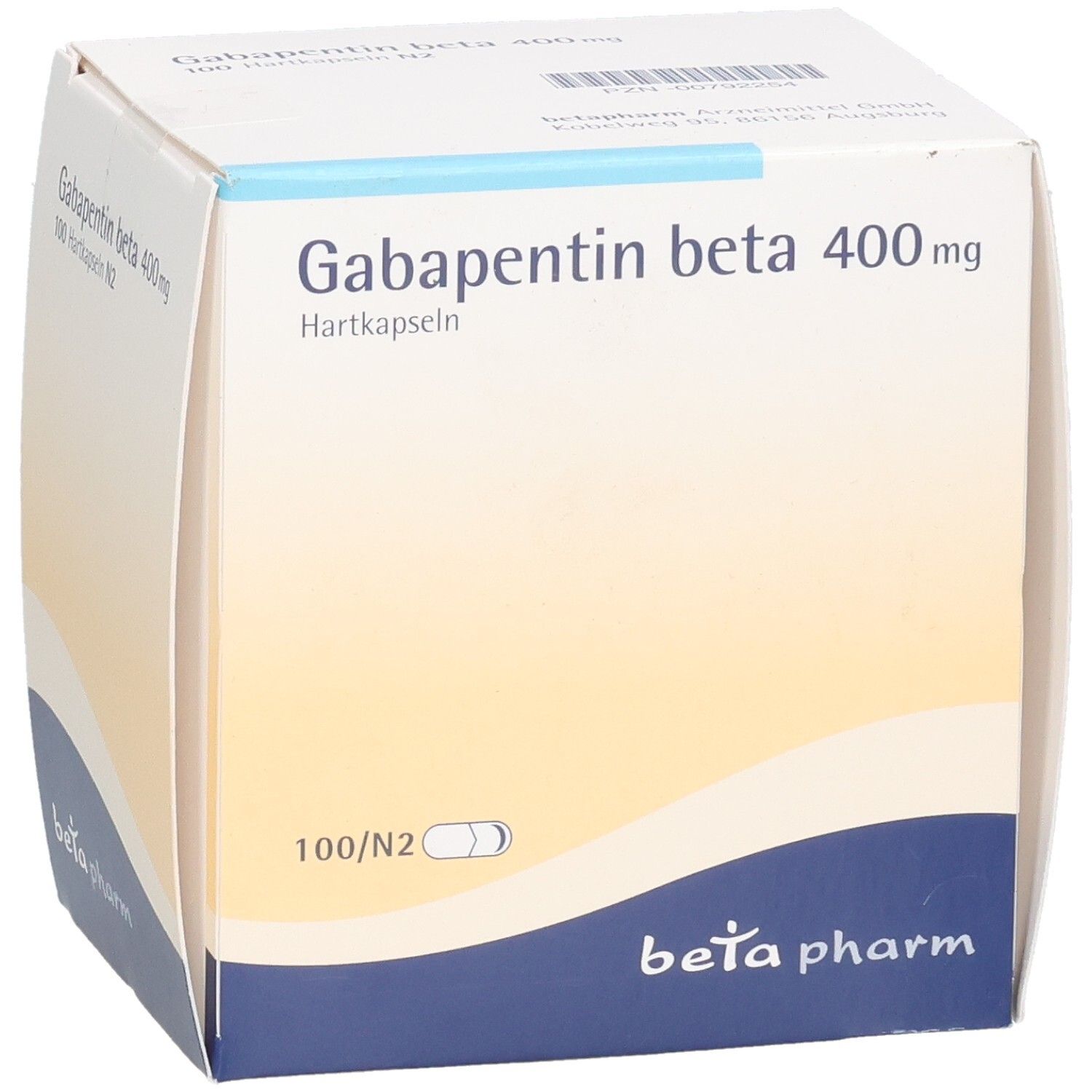 Schachtel mit Gabapentin beta 400 mg Hartkapseln. Aufschrift: beta pharm. 100/N2. Weiße und gelbe Farbgebung.