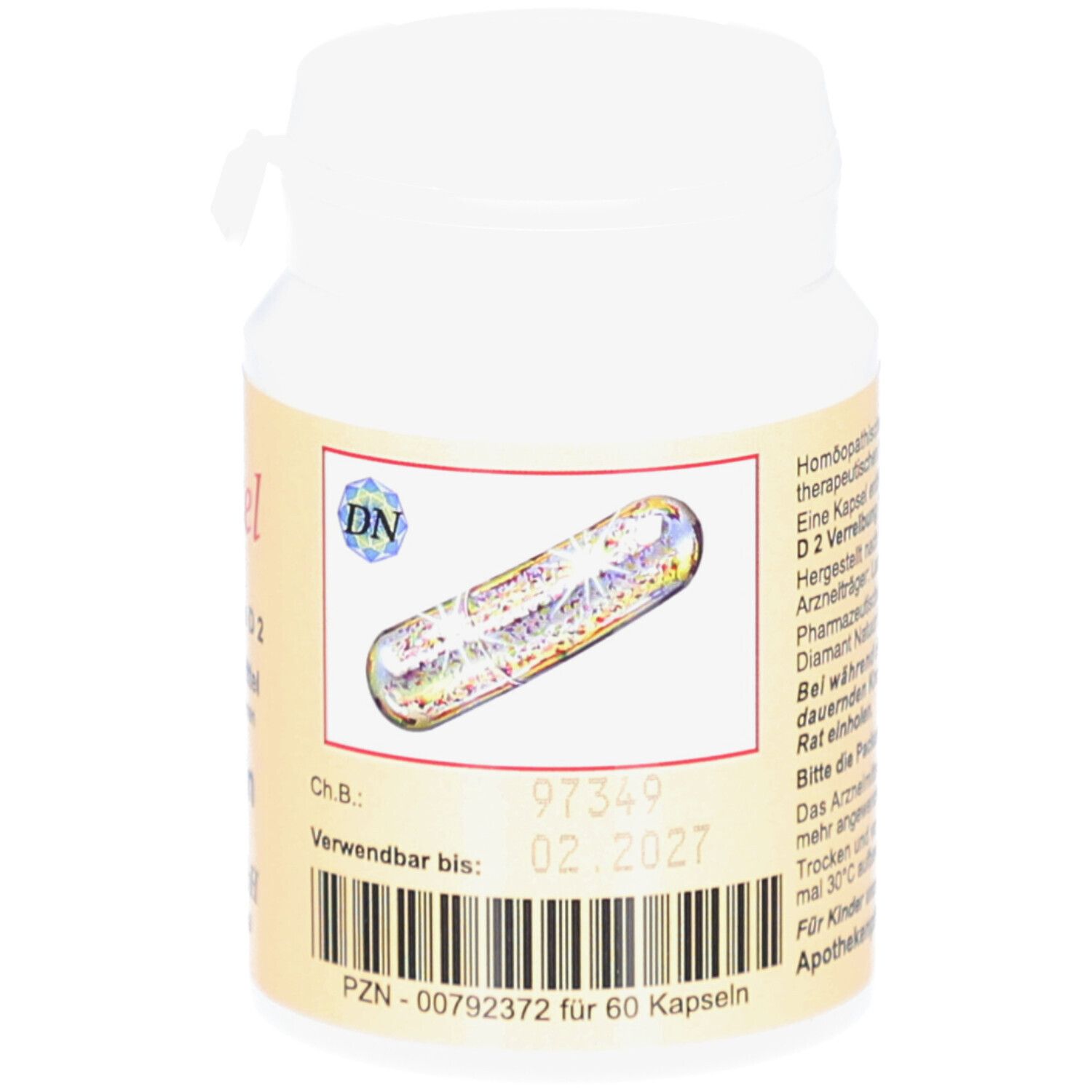 Weiße Flasche mit Kapsel-Illustration. Etikett mit Text und Barcode. Verfallsdatum: 02.2027.