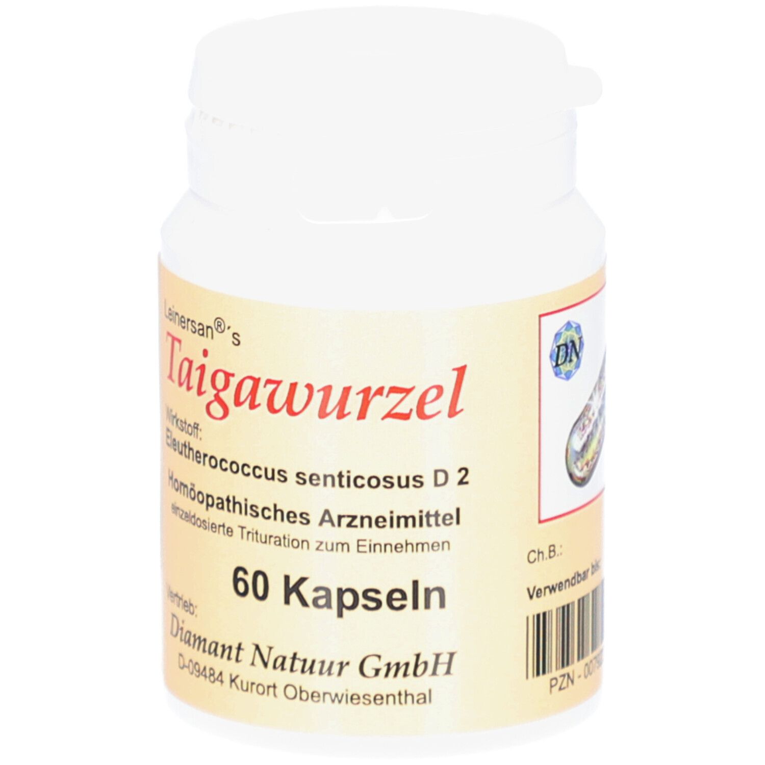Weiße Flasche mit Kapseln. Aufschrift: Taigawurzel, 60 Kapseln. Gelbes Etikett mit Produktinformationen.