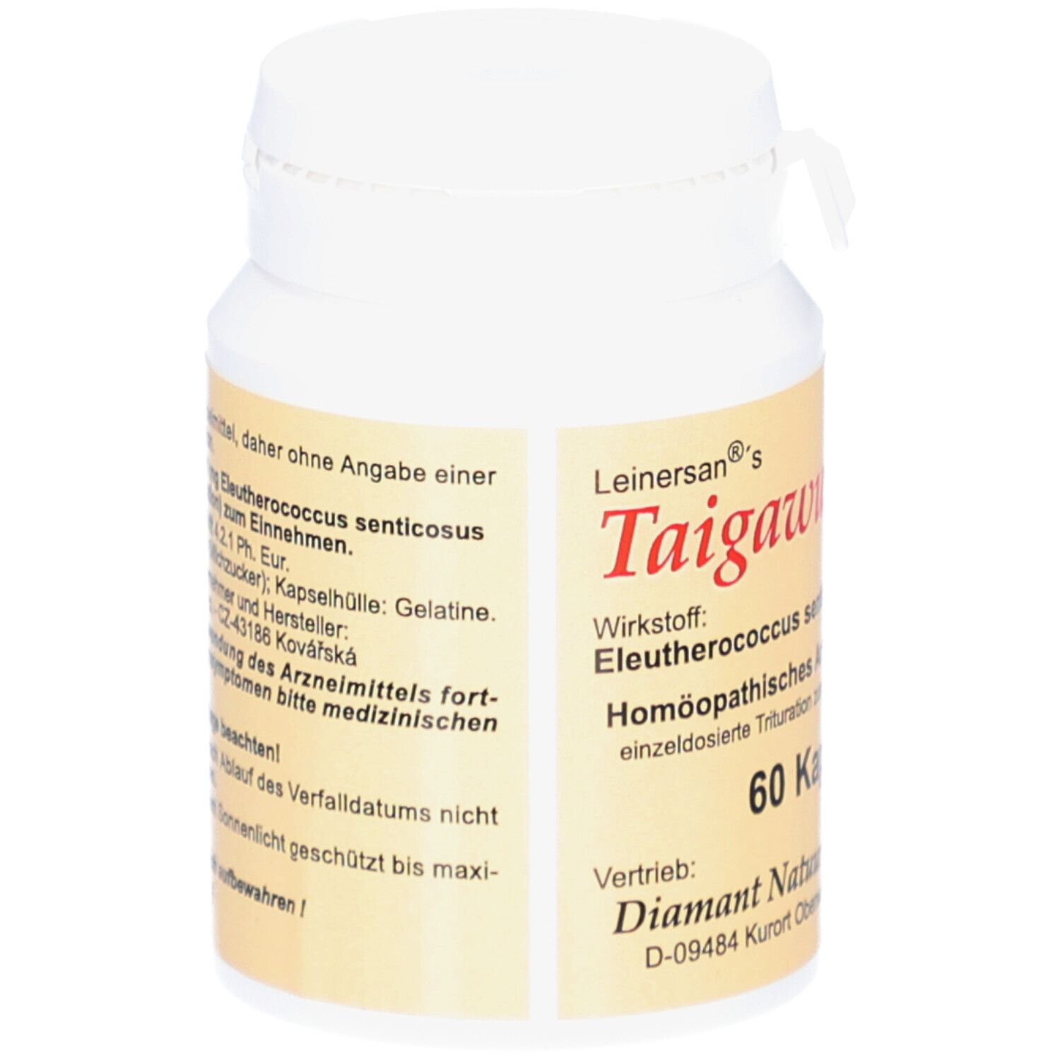 Weiße Flasche mit Kapseln. Gelbes Etikett mit Produktinformationen. Aufschrift: Taigawurzel, 60 Kapseln.