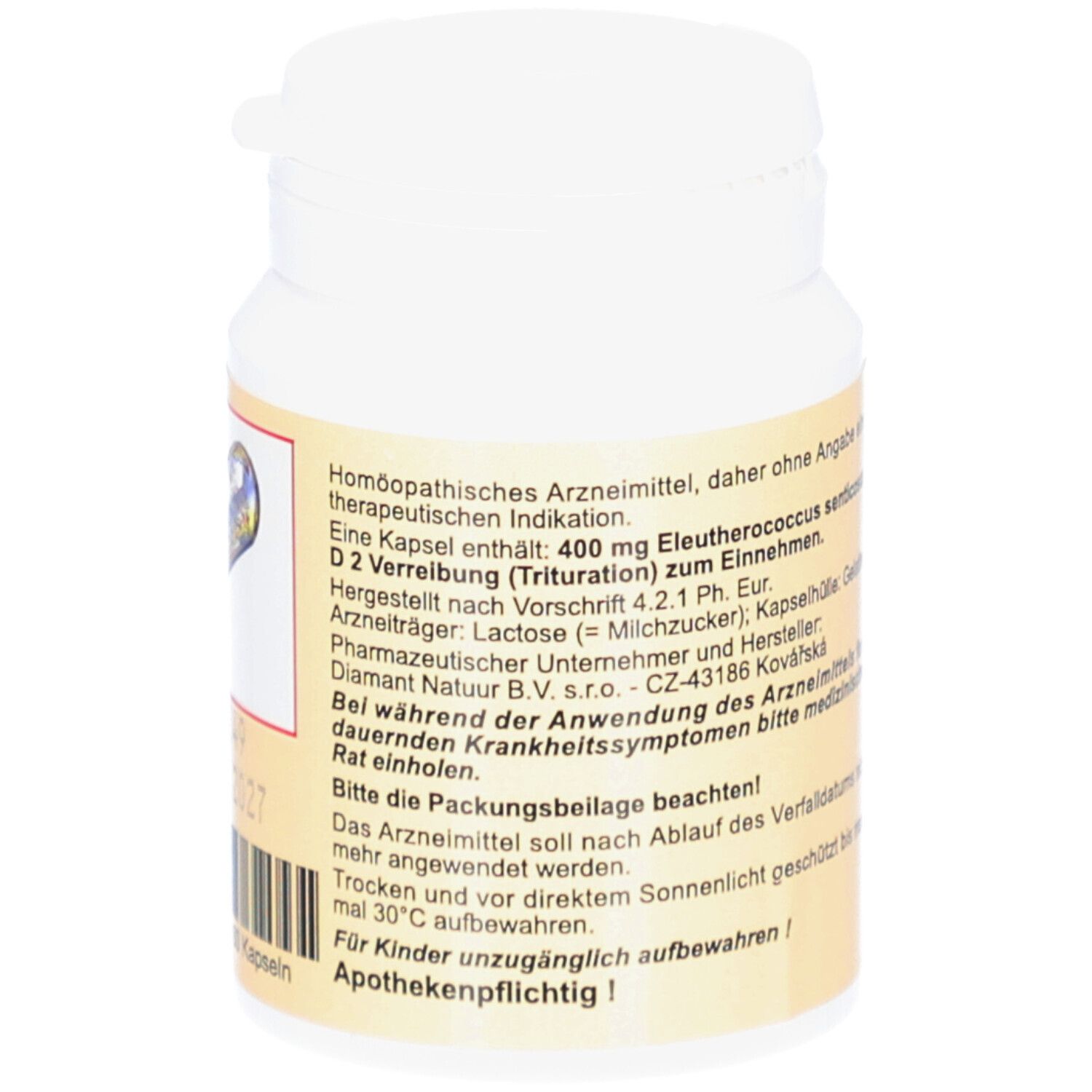 Weiße Flasche mit Kapseln. Gelbes Etikett mit Produktinformationen. Apothekenpflichtig.