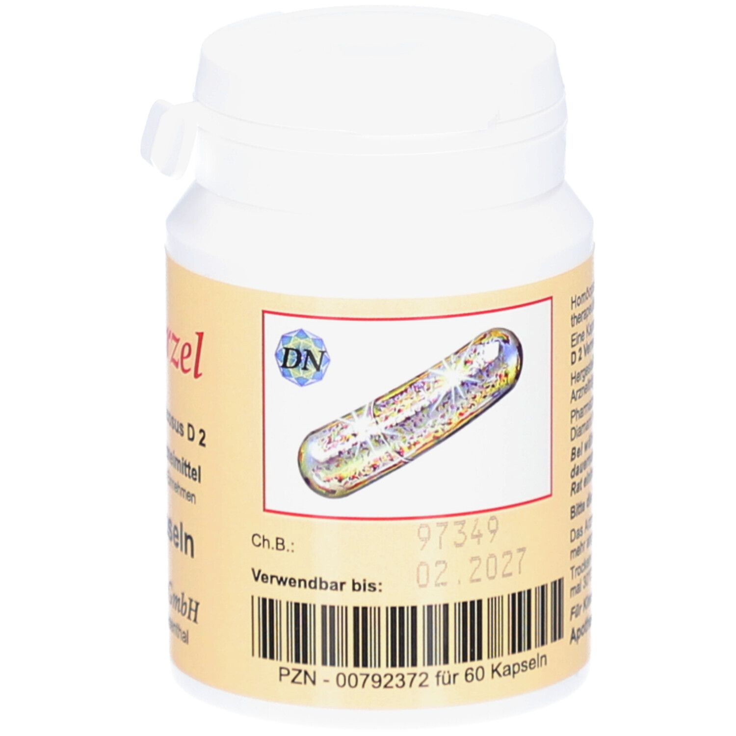 Weiße Flasche mit Kapseln. Gelbes Etikett mit Produktinformationen. Verwendbar bis 02.2027.