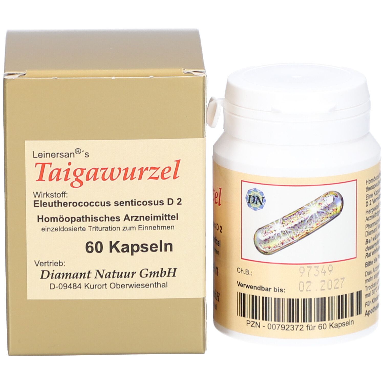 Weiße Flasche und Karton mit Kapseln. Aufschrift: Taigawurzel, 60 Kapseln. Gelbes Etikett.