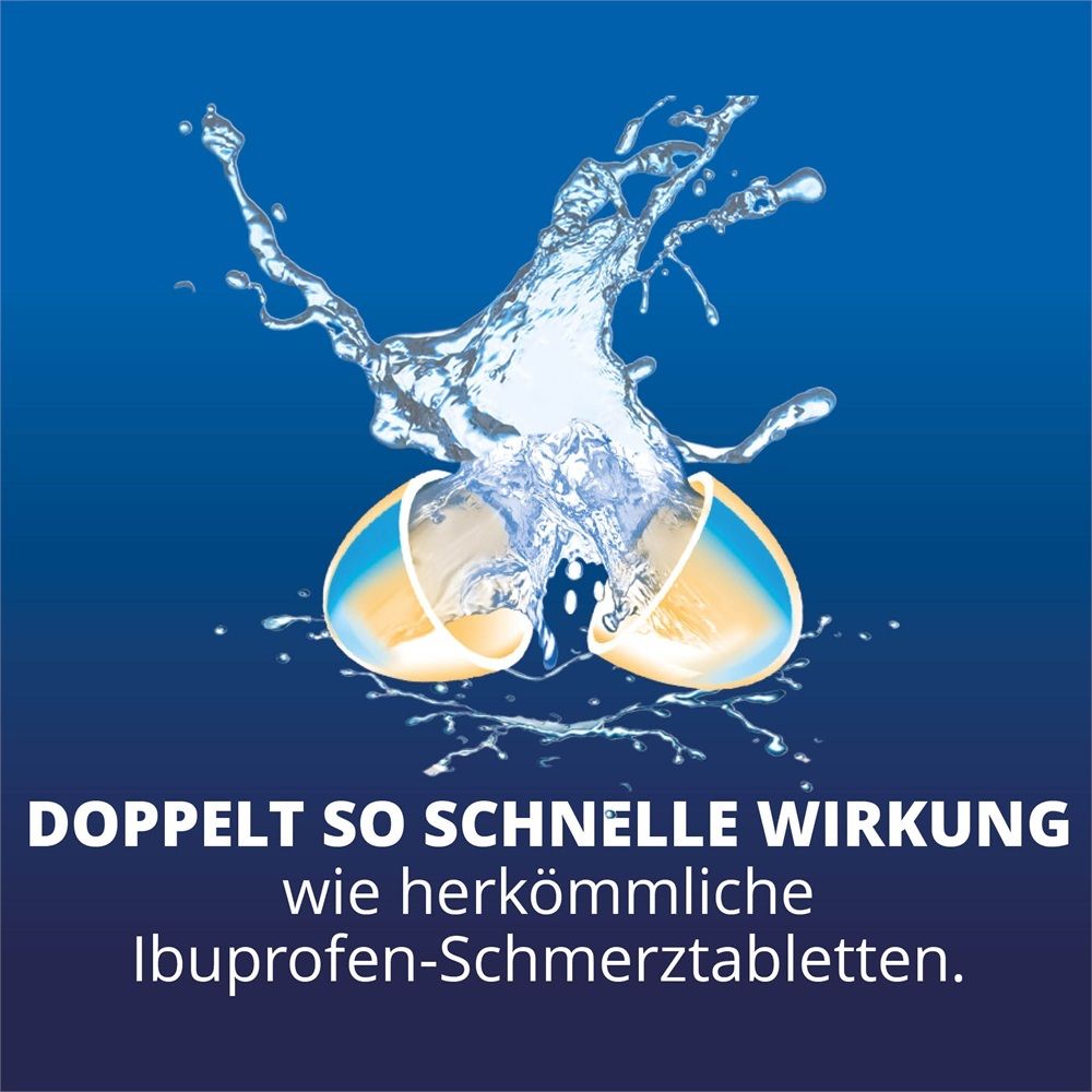 Zwei Spalt Forte Weichkapseln zerplatzen in Wasser. Doppelt so schnelle Wirkung.