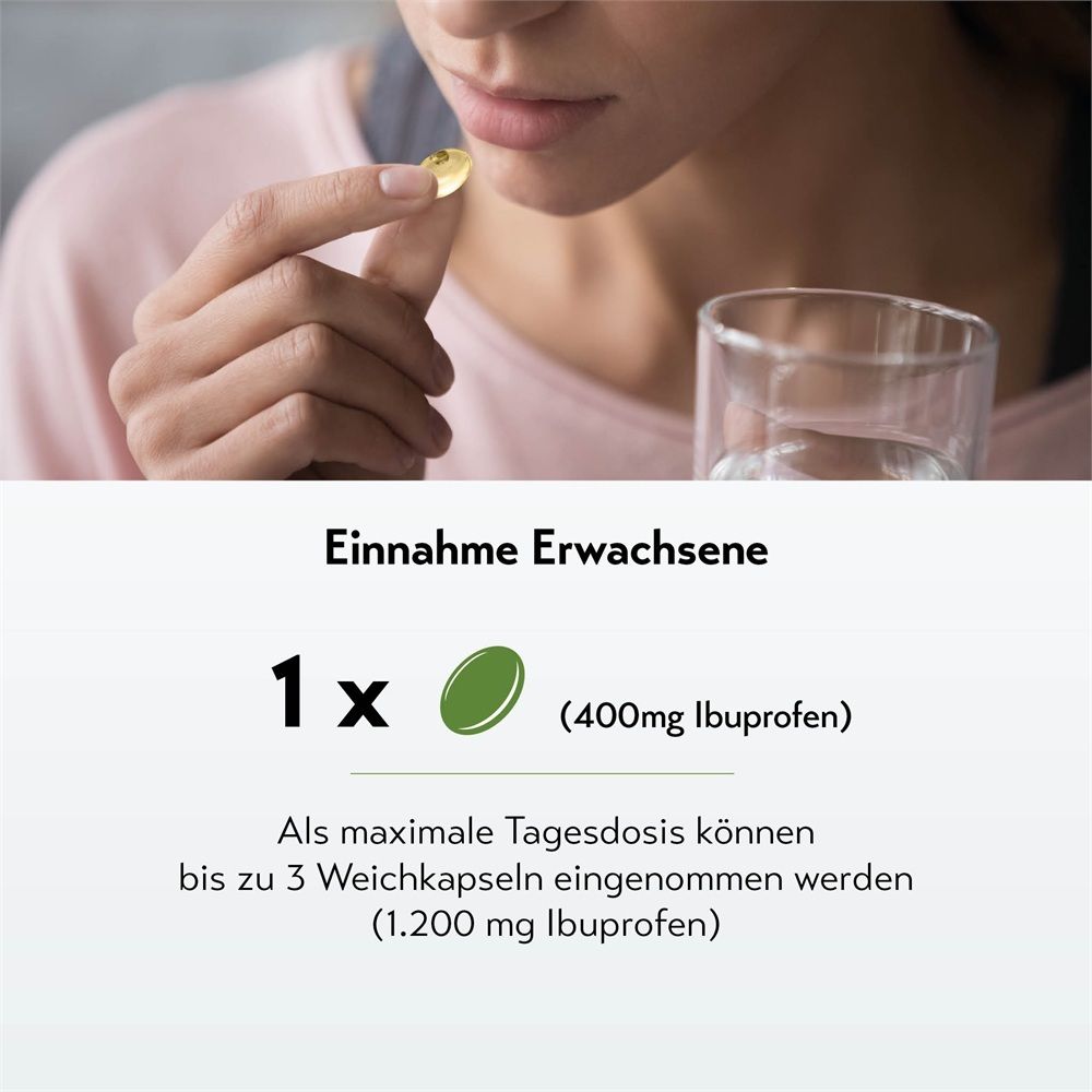 Erwachsene nimmt eine Spalt Forte Weichkapsel (400mg Ibuprofen) mit Wasser ein.