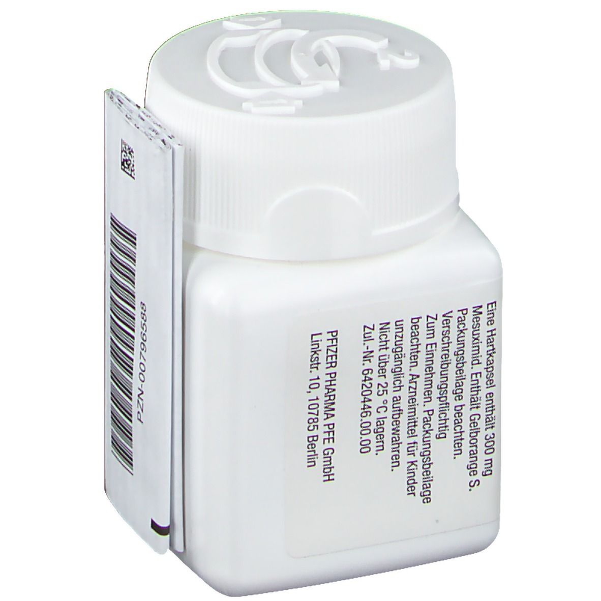 Weiße, quadratische Flasche mit Schraubverschluss. Etikett mit Produktinformationen und Herstelleradresse. PZN-Nummer.