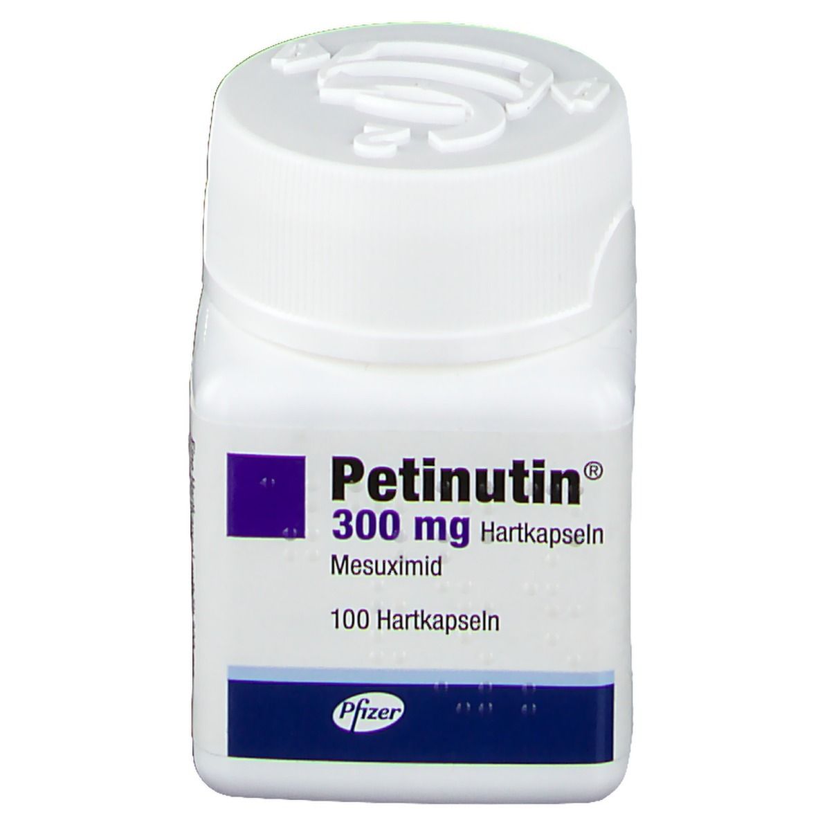 Weiße, quadratische Flasche mit Schraubverschluss. Etikett mit Produktnamen, Dosierung und Inhaltsangabe. Pfizer-Logo.