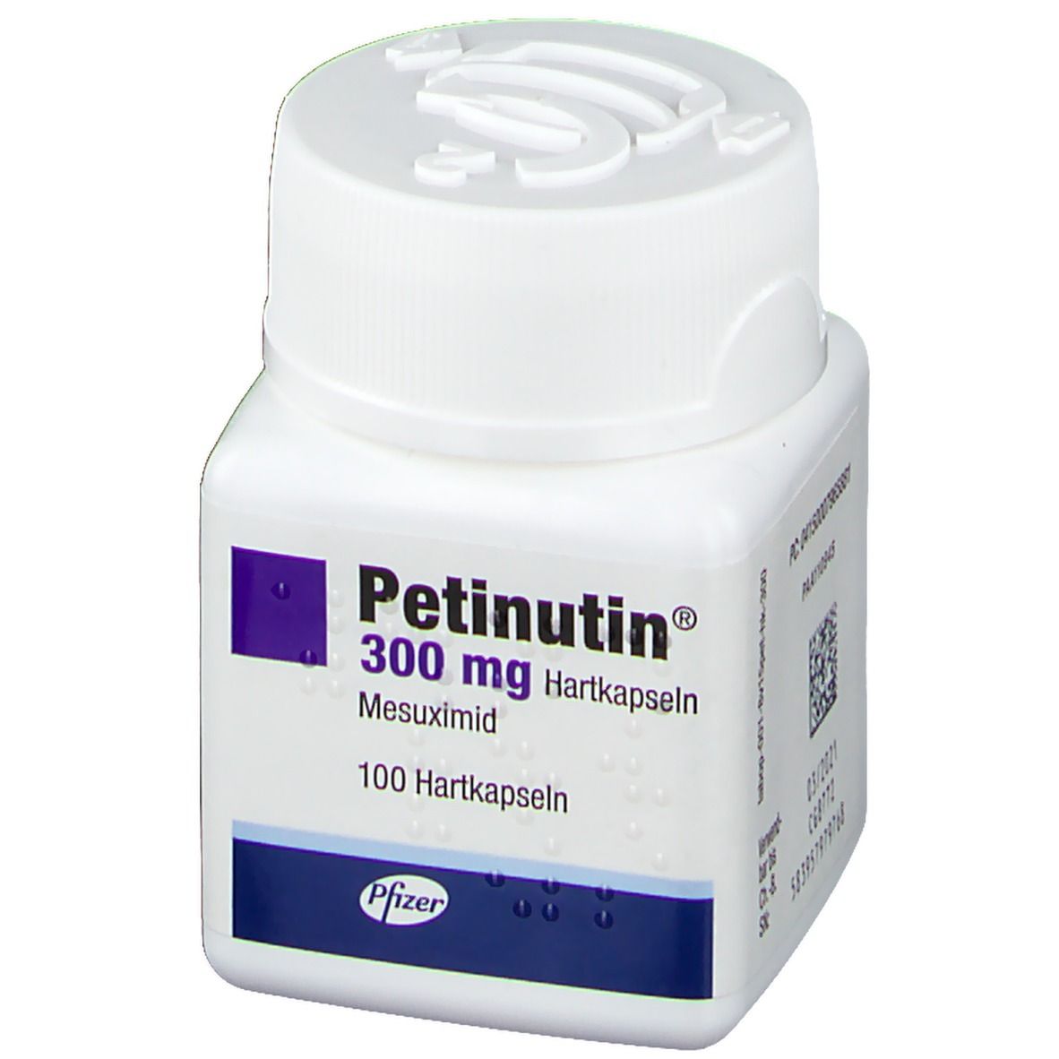 Weiße, quadratische Flasche mit Schraubverschluss. Etikett mit Produktnamen, Dosierung und Inhaltsangabe. Pfizer-Logo.