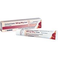 Creme und Faltschachtel. Aufschrift: Clotrimazol Sandoz 1000 mg Creme. Rote und weiße Farbgebung.