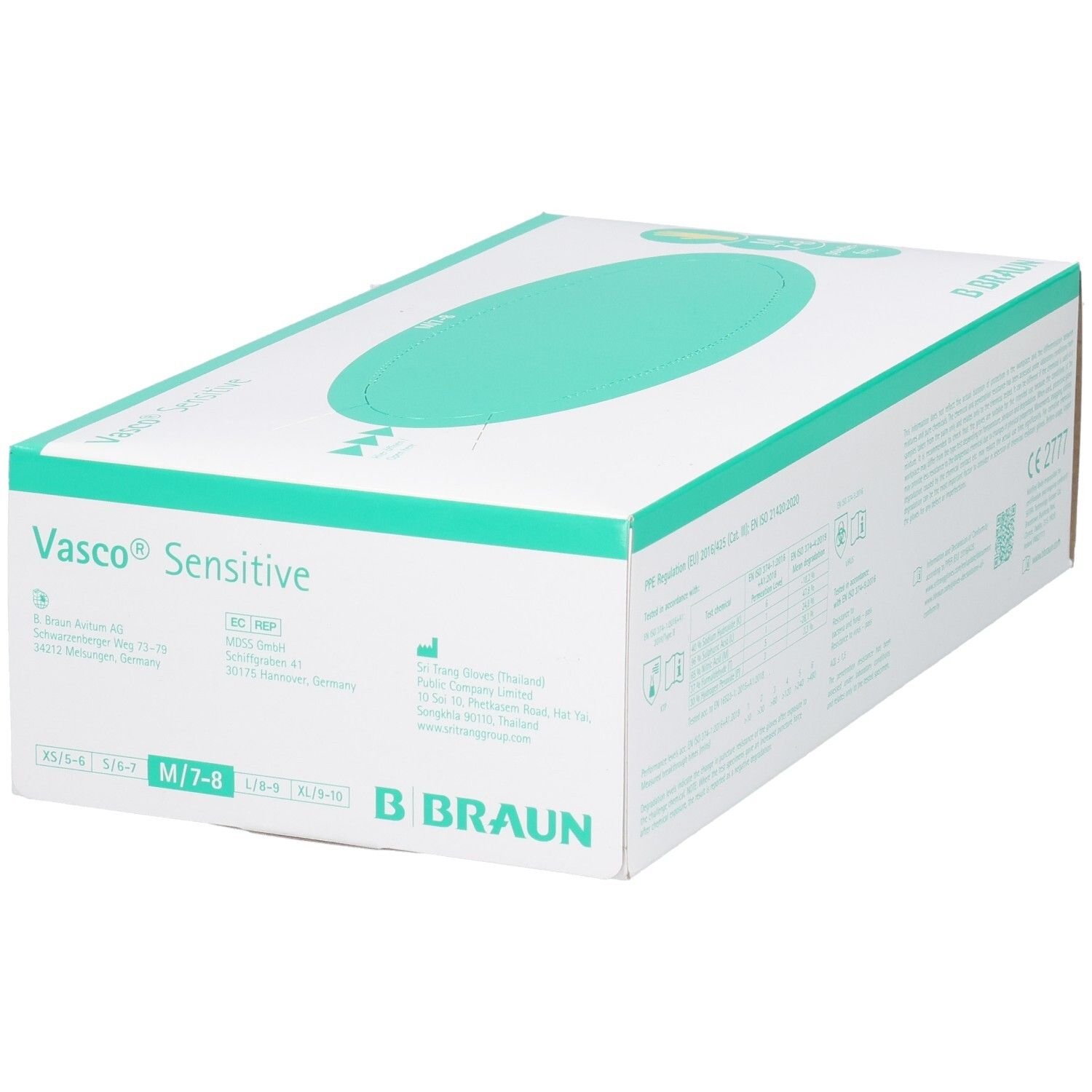 Weiße Verpackung mit grünem Oval. Aufschrift: VASCO SENSITIVE, B. Braun. Größenangabe M/7-8. Informationen und Piktogramme.