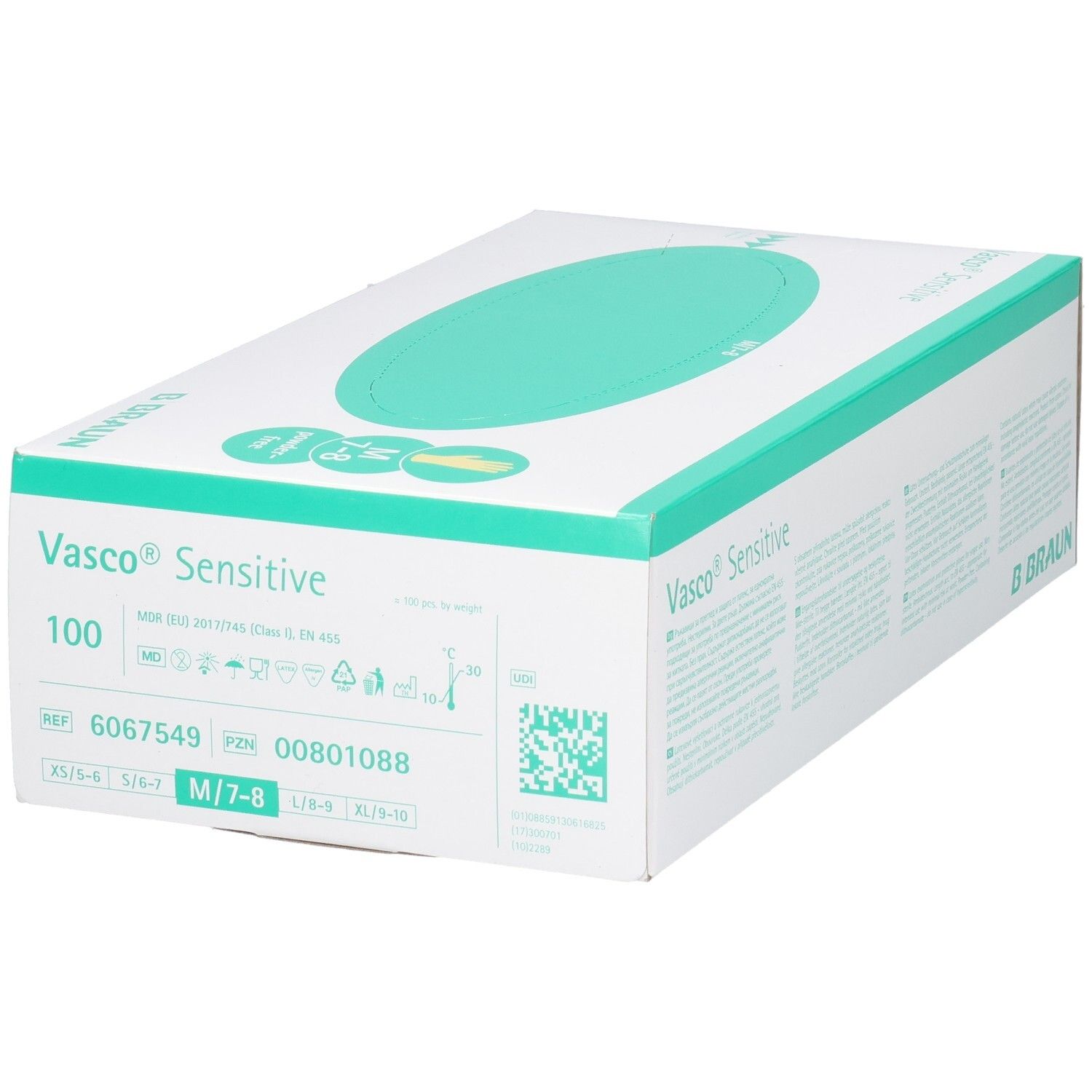 Weiße Verpackung mit grünem Oval. Aufschrift: VASCO SENSITIVE, 100, B. Braun. Größenangabe M/7-8. Informationen und Piktogramme.