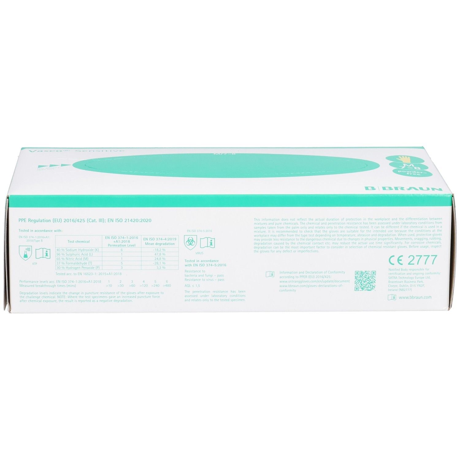 Weiße Verpackung mit grünem Oval. Aufschrift: B. Braun. CE-Kennzeichnung. Informationen und Piktogramme.