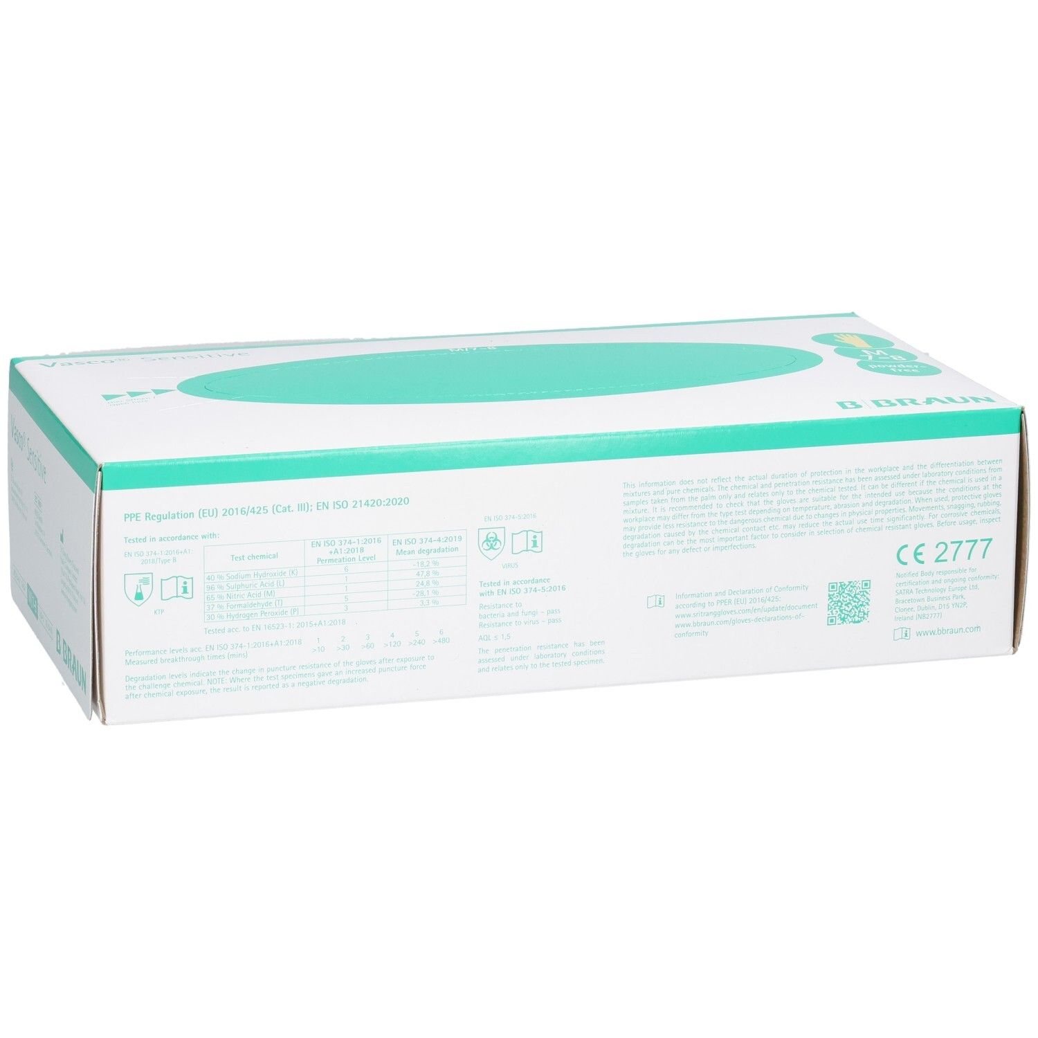 Weiße Verpackung mit grünem Oval. Aufschrift: B. Braun. CE-Kennzeichnung. Informationen und Piktogramme.