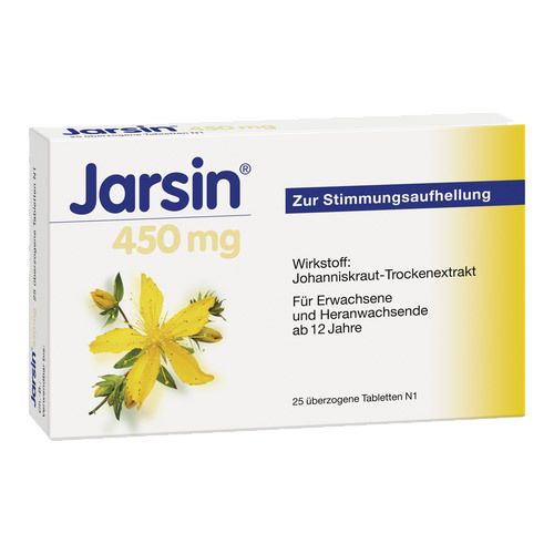 Weiße Schachtel mit Produktnamen Jarsin 450 mg. Aufschrift: Zur Stimmungsaufhellung. Enthält 25 Tabletten. Abbildung einer gelben Blüte.