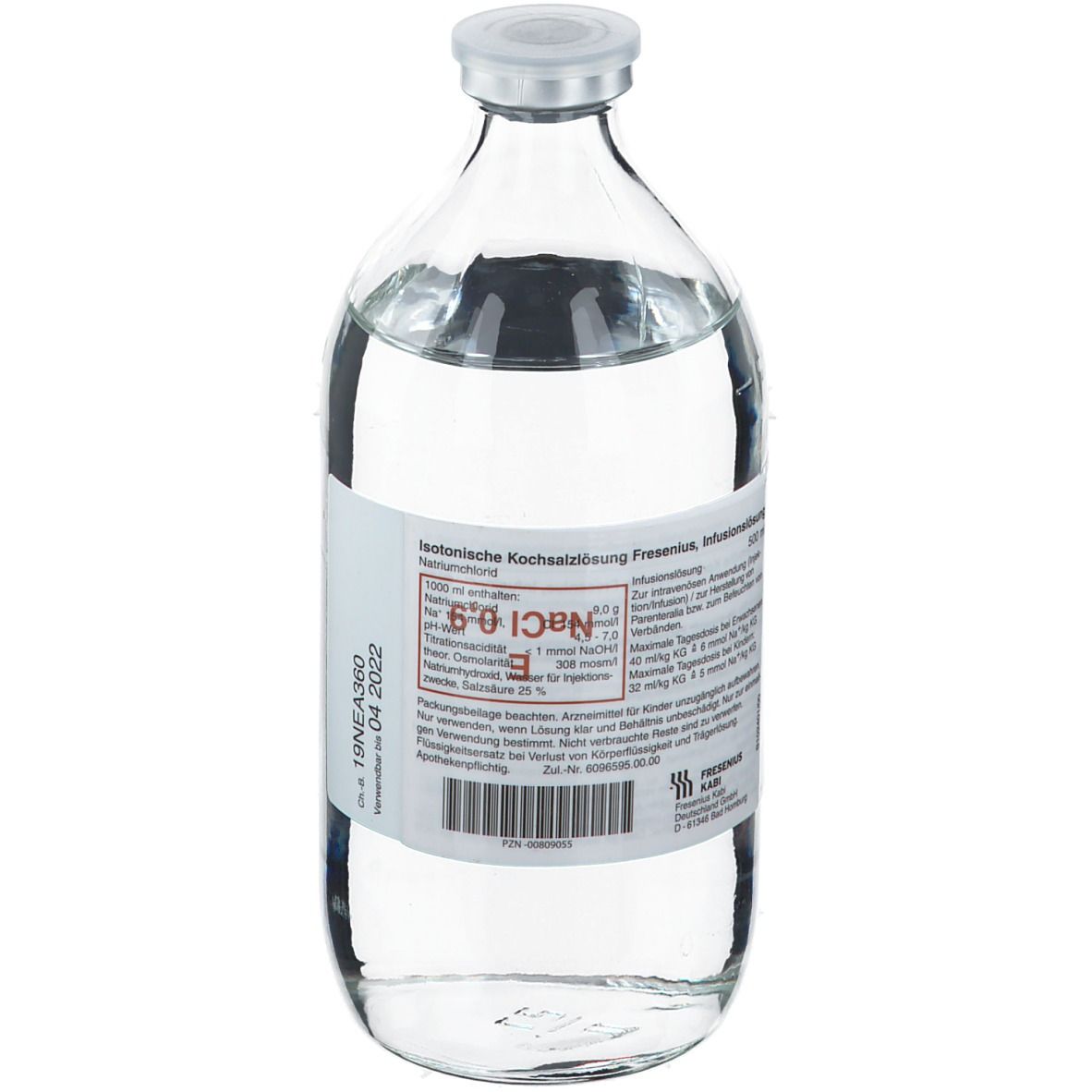 Glasflasche mit Flüssigkeit. Etikett mit Produktinformationen. Deckel. Isotonische Kochsalzlösung 0,9 %.