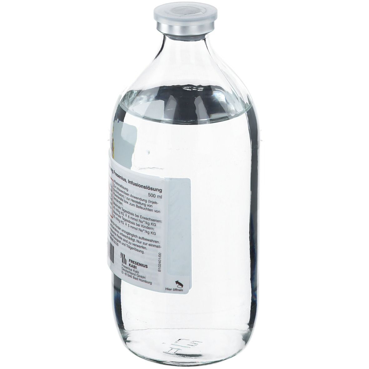 Glasflasche mit Flüssigkeit. Etikett mit Produktinformationen. Deckel. Isotonische Kochsalzlösung 0,9 %.
