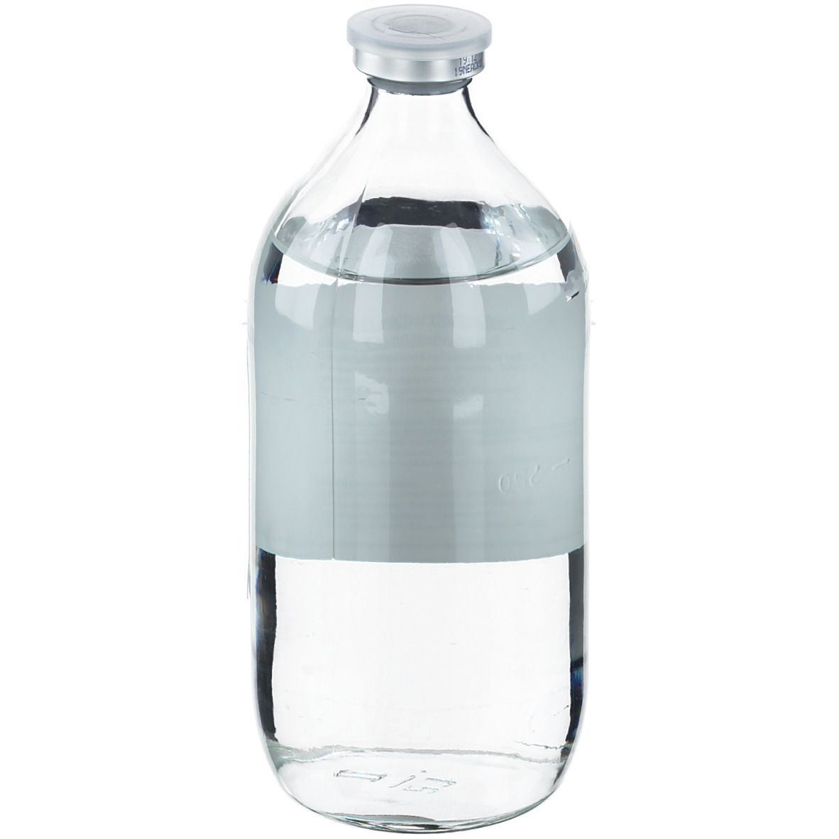 Glasflasche mit Flüssigkeit. Etikett. Deckel. Isotonische Kochsalzlösung 0,9 %.