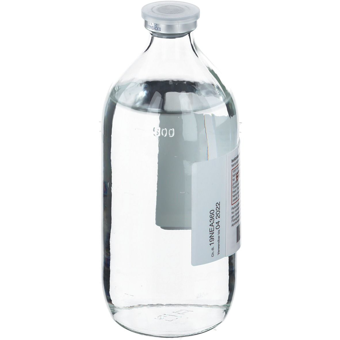 Glasflasche mit Flüssigkeit. Etikett. Deckel. Isotonische Kochsalzlösung 0,9 %.