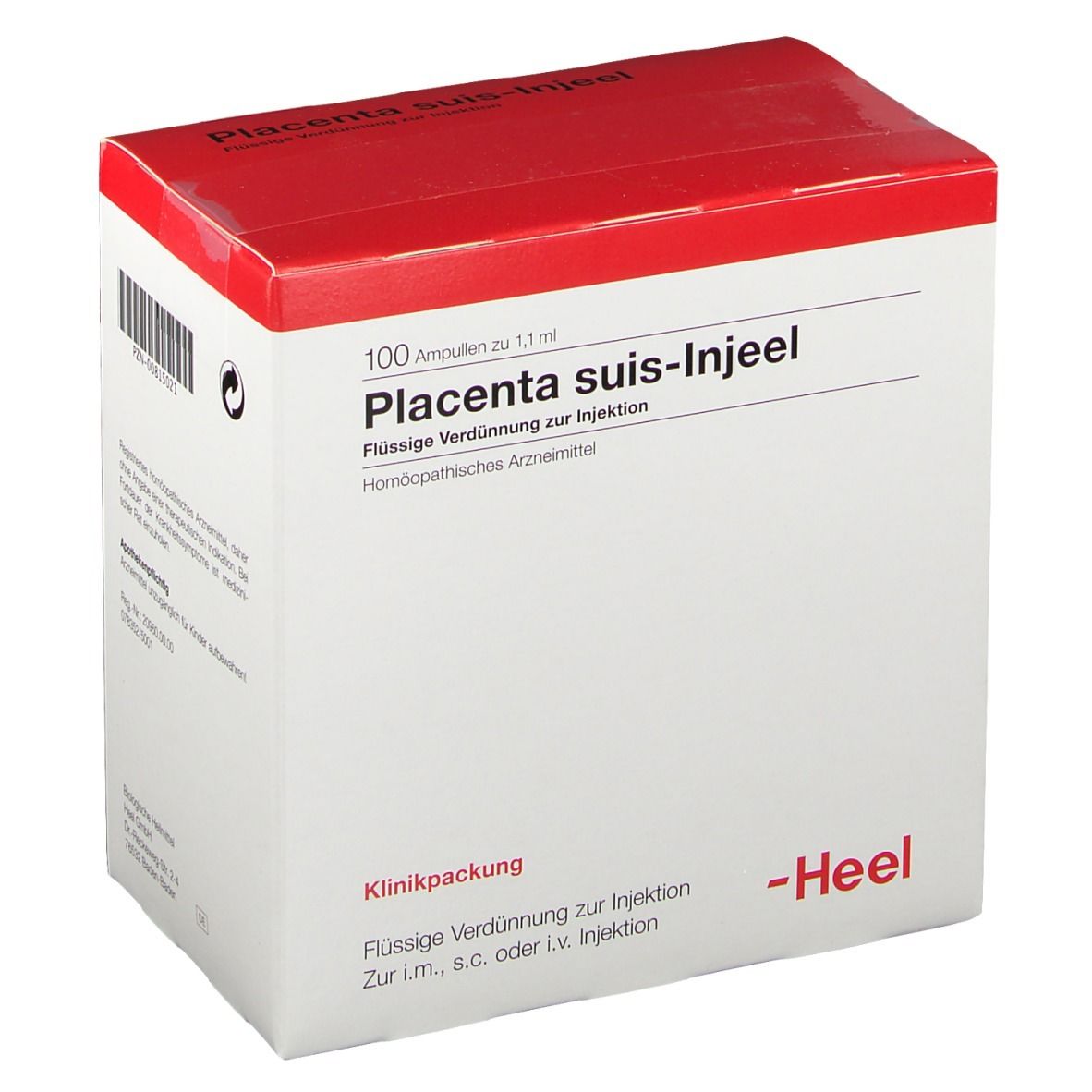 Karton mit Placenta suis-Injeel Ampullen. Roter Deckel, weiße Verpackung. Text: 100 Ampullen, Heel Logo.