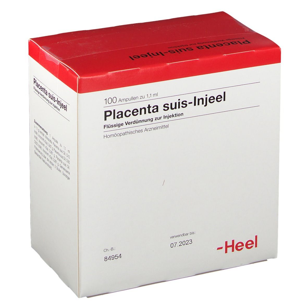 Karton Placenta suis-Injeel. Roter Deckel, weiße Verpackung. Text: 100 Ampullen, Haltbarkeit 07.2023, Heel Logo.
