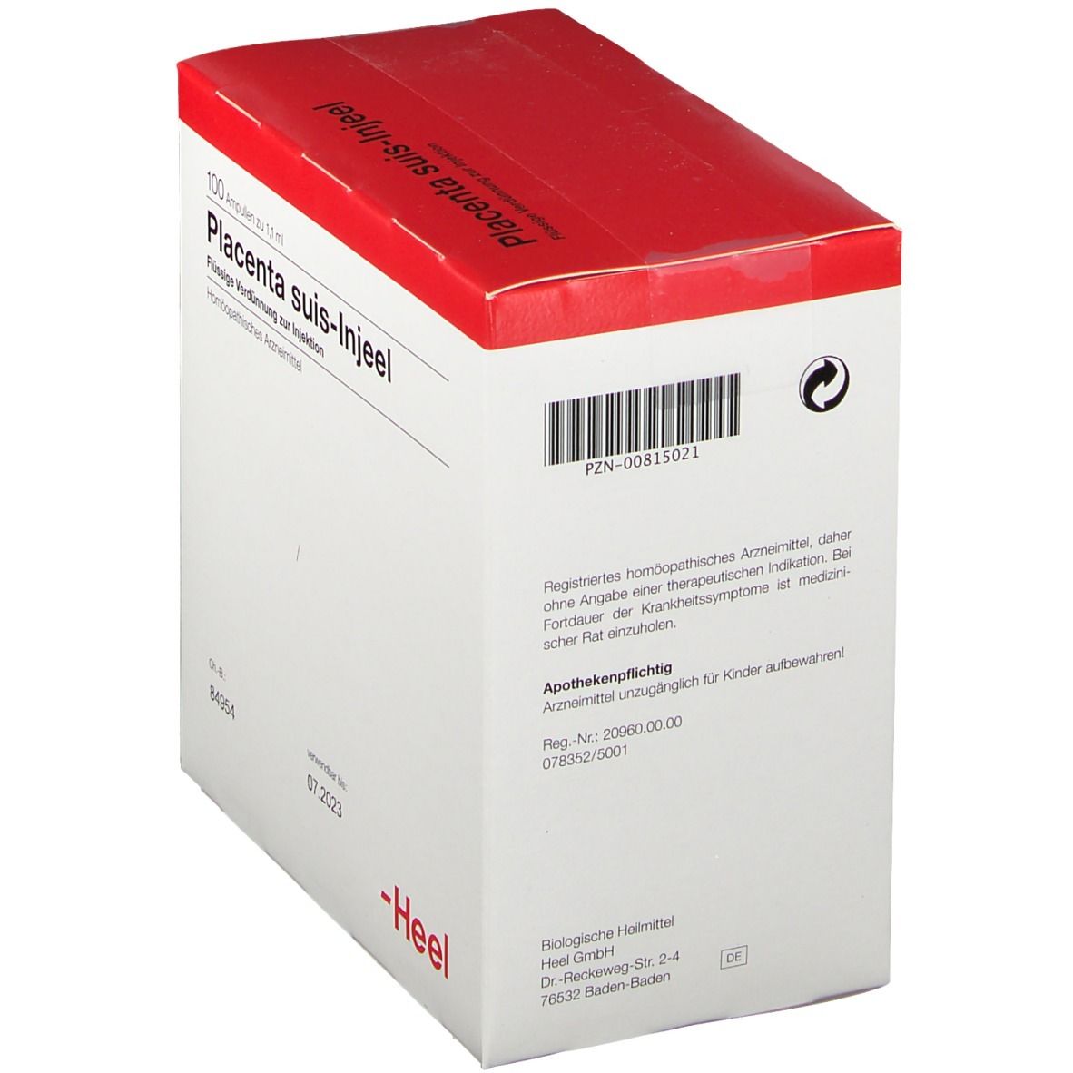Karton Placenta suis-Injeel. Roter Deckel, weiße Verpackung. Text: 100 Ampullen, PZN-00815021, Heel Logo.