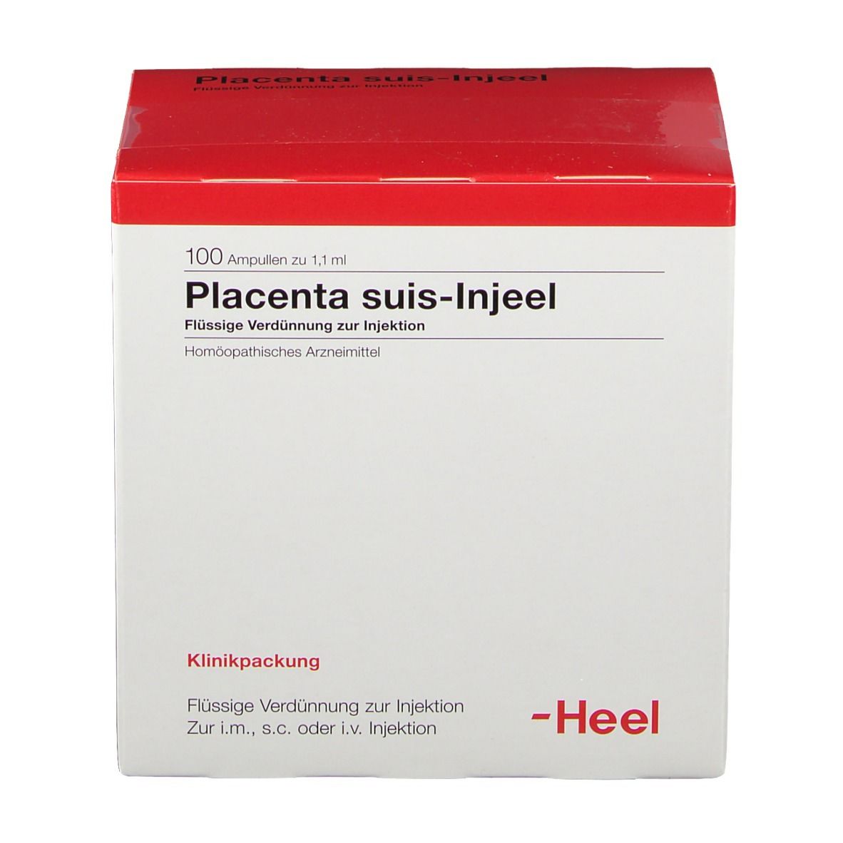 Karton Placenta suis-Injeel. Roter Deckel, weiße Verpackung. Text: 100 Ampullen, Klinikpackung, Heel Logo.