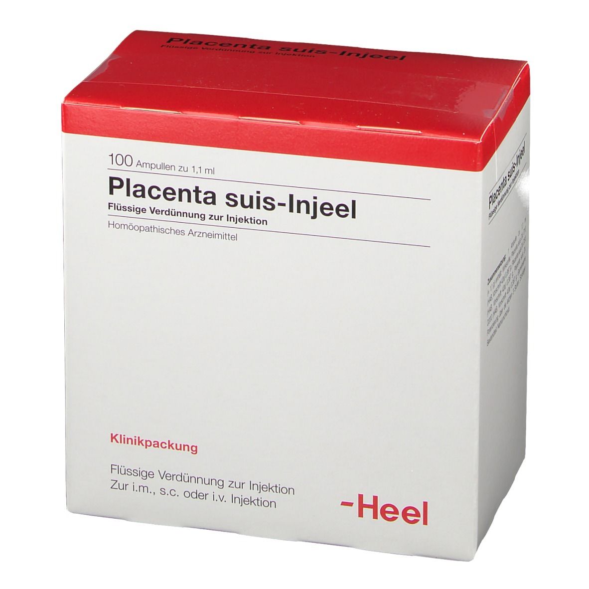 Karton Placenta suis-Injeel. Roter Deckel, weiße Verpackung. Text: 100 Ampullen, Klinikpackung, Heel Logo.