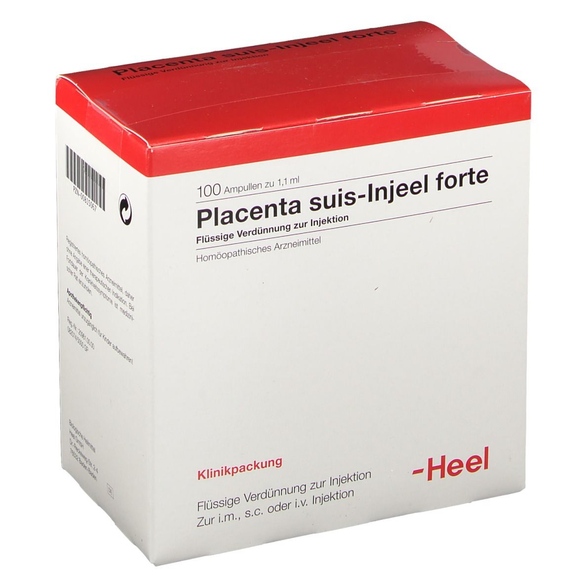 Karton mit rotem Deckel. Beschriftung: Placenta suis-Injeel forte, 100 Ampullen. Marke: Heel.