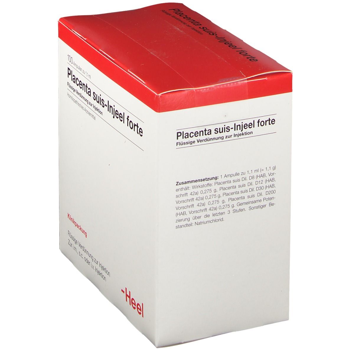 Karton mit rotem Deckel. Beschriftung: Placenta suis-Injeel forte, 100 Ampullen. Marke: Heel. Detailansicht der Inhaltsstoffe.