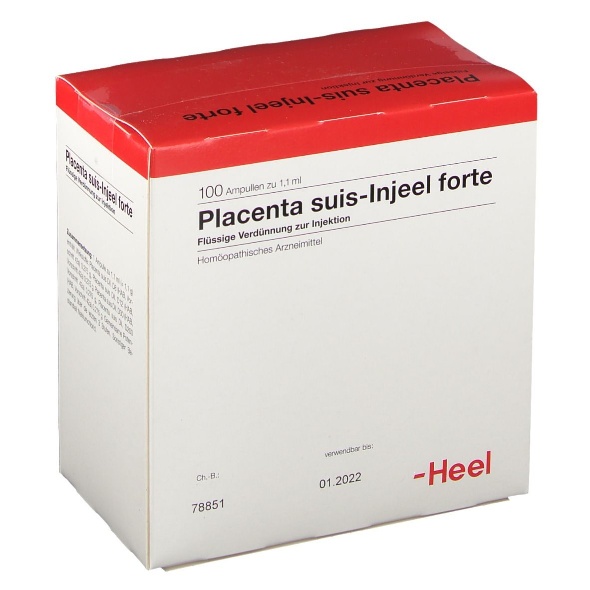 Karton mit rotem Deckel. Beschriftung: Placenta suis-Injeel forte, 100 Ampullen. Marke: Heel. Aufdruck: 01.2022.