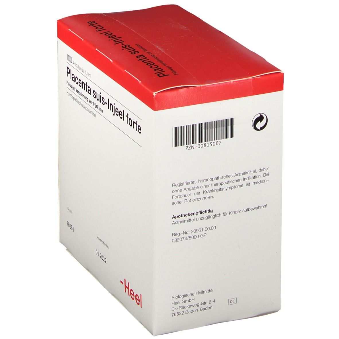 Karton mit rotem Deckel. Beschriftung: Placenta suis-Injeel forte, 100 Ampullen. Marke: Heel. PZN-00815067.
