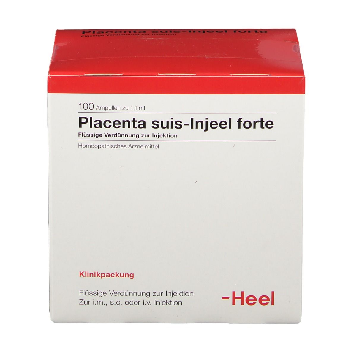 Karton mit rotem Deckel. Beschriftung: Placenta suis-Injeel forte, 100 Ampullen. Marke: Heel. Klinikpackung.