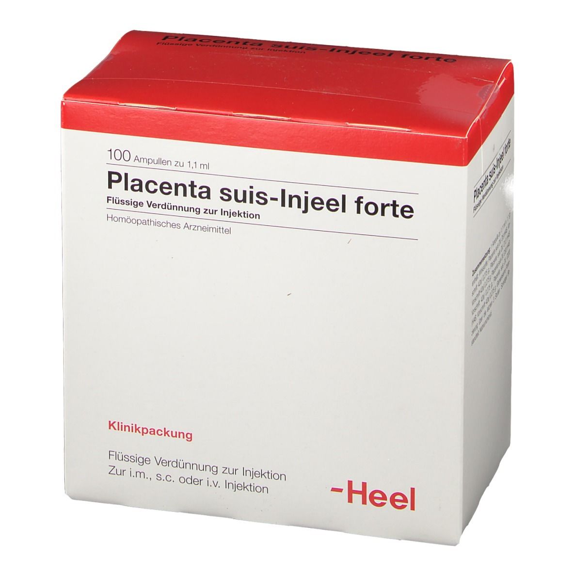 Karton mit rotem Deckel. Beschriftung: Placenta suis-Injeel forte, 100 Ampullen. Marke: Heel. Klinikpackung.