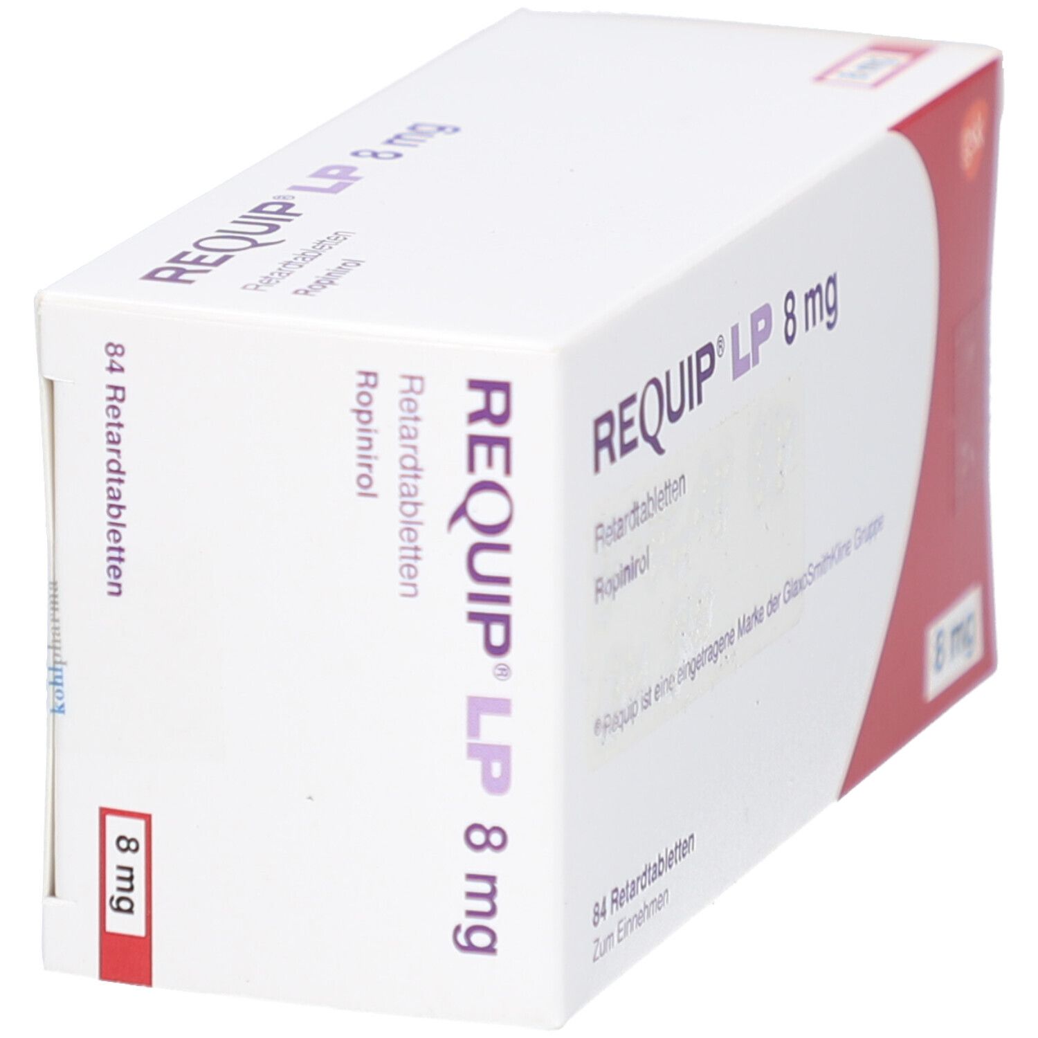 Schachtel mit REQUIP LP 8 mg Retardtabletten. Aufschrift: 84 Retardtabletten. Rote Markierung.