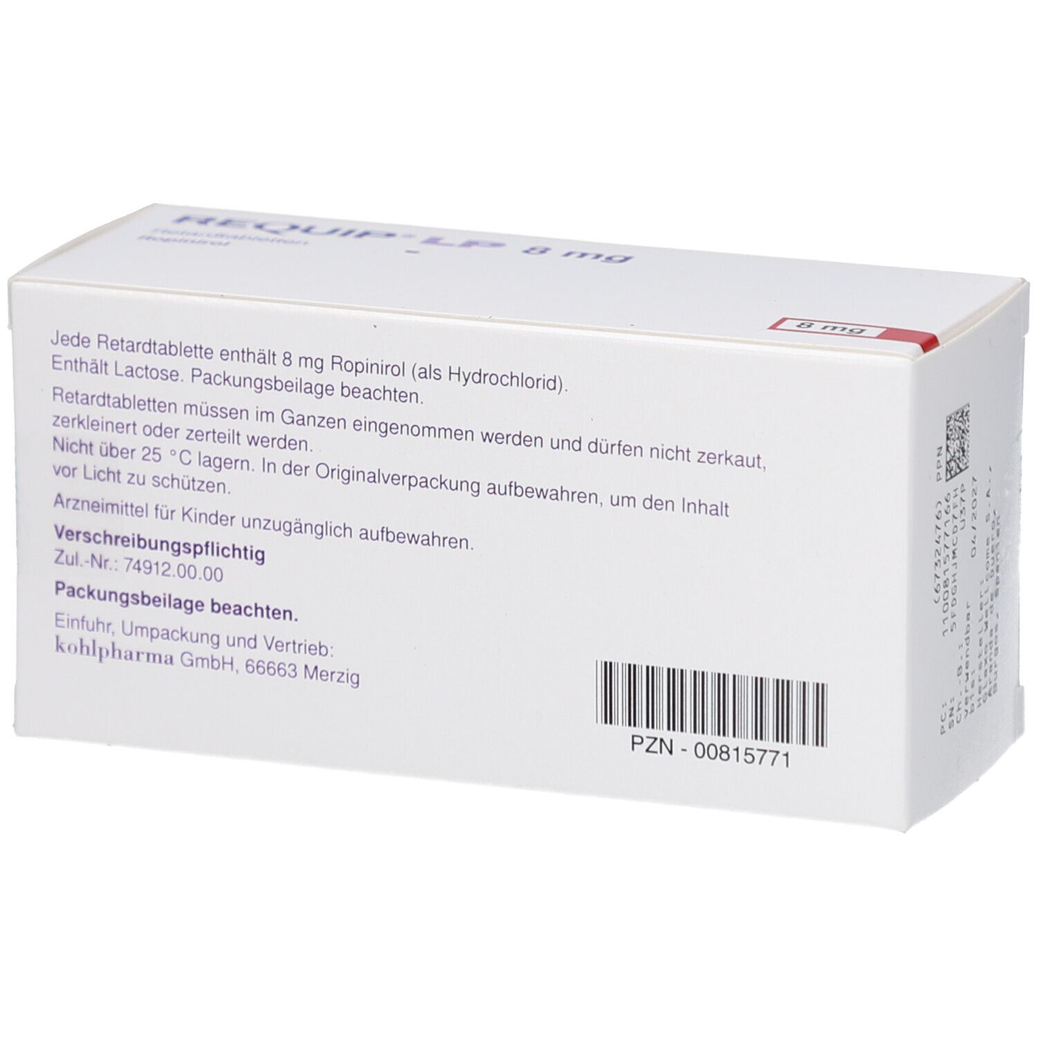 Rückseite der Schachtel mit REQUIP LP 8 mg. Textinformationen und Barcode. 8 mg.