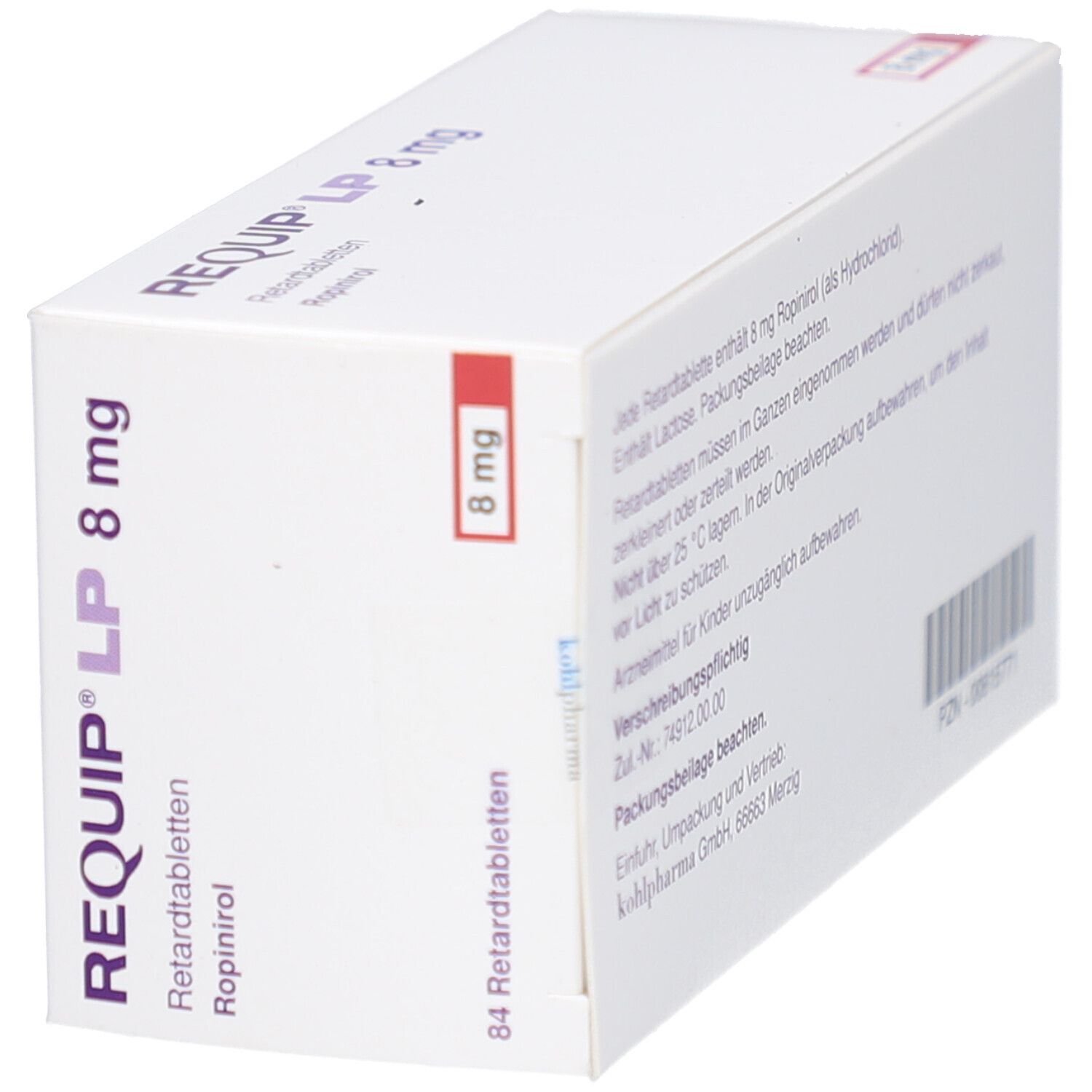 Schachtel mit REQUIP LP 8 mg Retardtabletten. Aufschrift: 84 Retardtabletten. Rote Markierung.