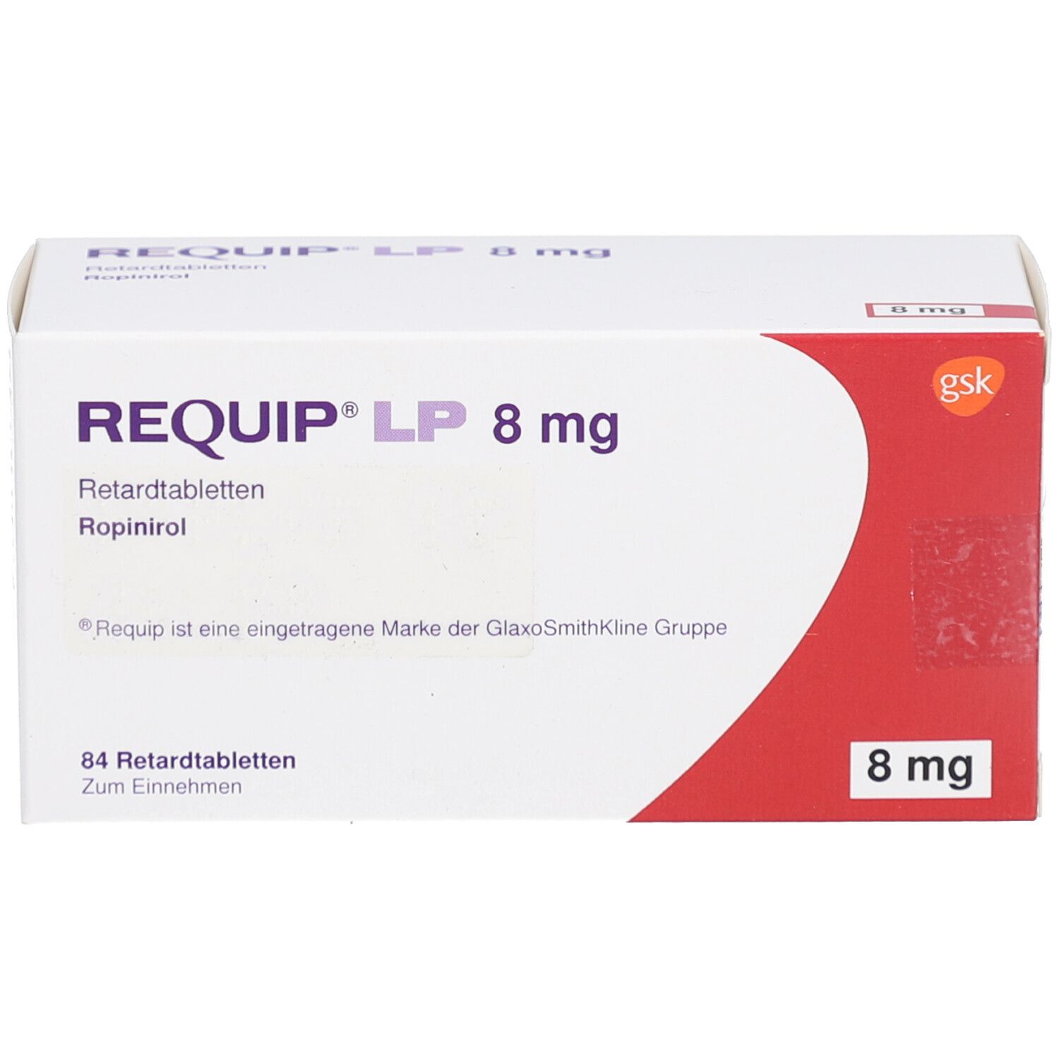 Schachtel mit REQUIP LP 8 mg Retardtabletten. Aufschrift: 84 Retardtabletten. Logo GSK.