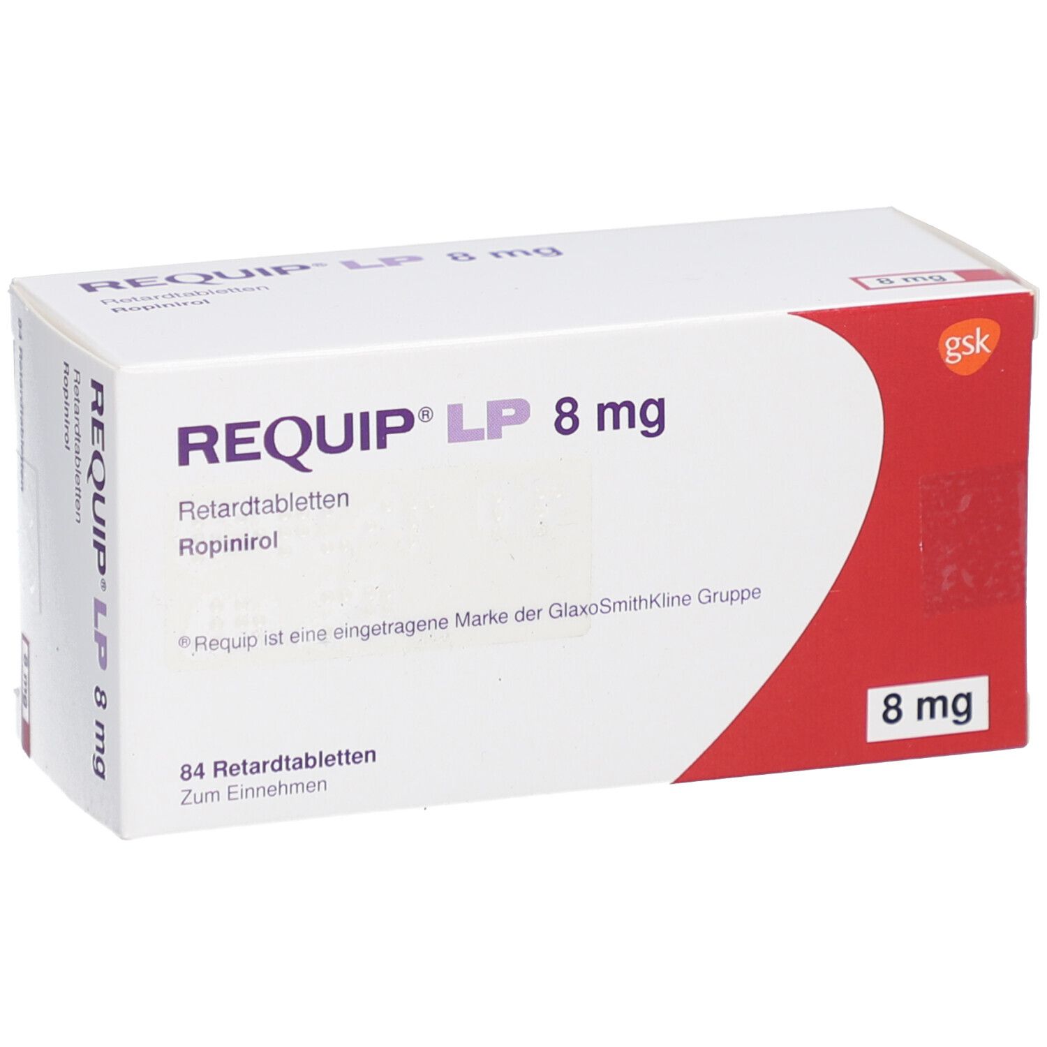 Schachtel mit REQUIP LP 8 mg Retardtabletten. Aufschrift: 84 Retardtabletten. Logo GSK.
