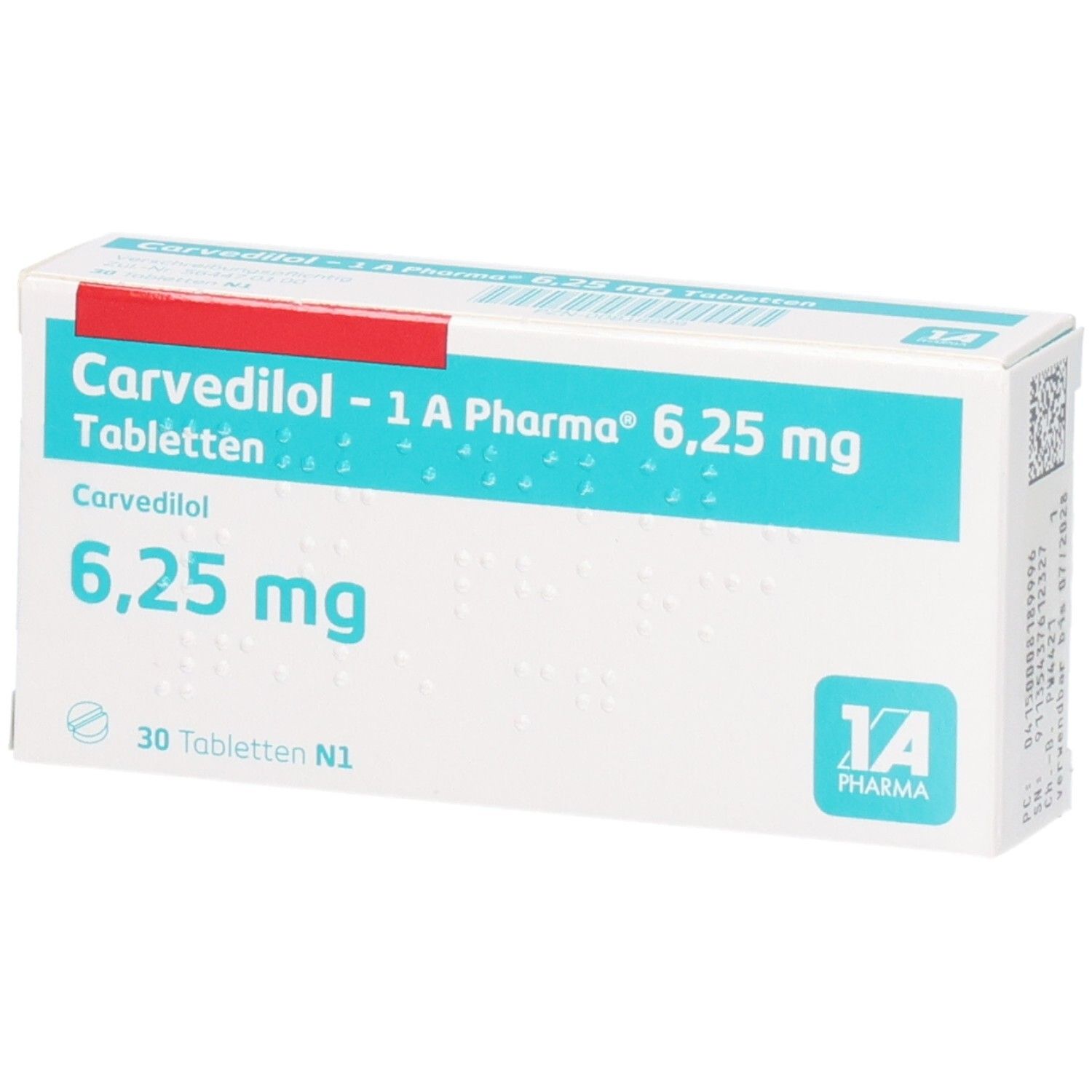 Schachtel mit Carvedilol 1a Pharma 6,25 mg Tabletten. Aufschrift: 6,25 mg, 30 Tabletten. Logo 1A Pharma.