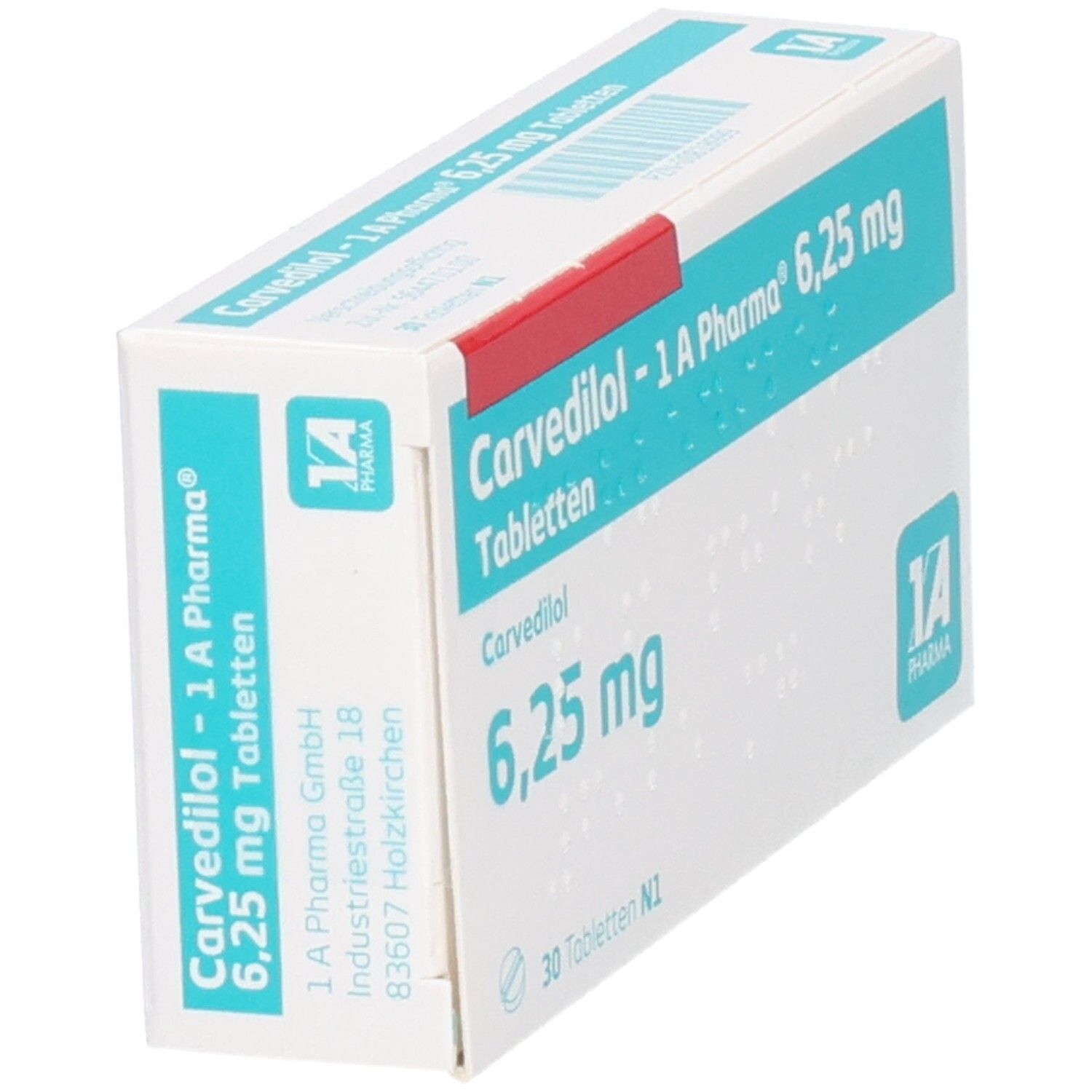 Schachtel Carvedilol 1a Pharma 6,25 mg Tabletten. Aufschrift: 6,25 mg, 30 Tabletten. Logo 1A Pharma. Rote Lasche.