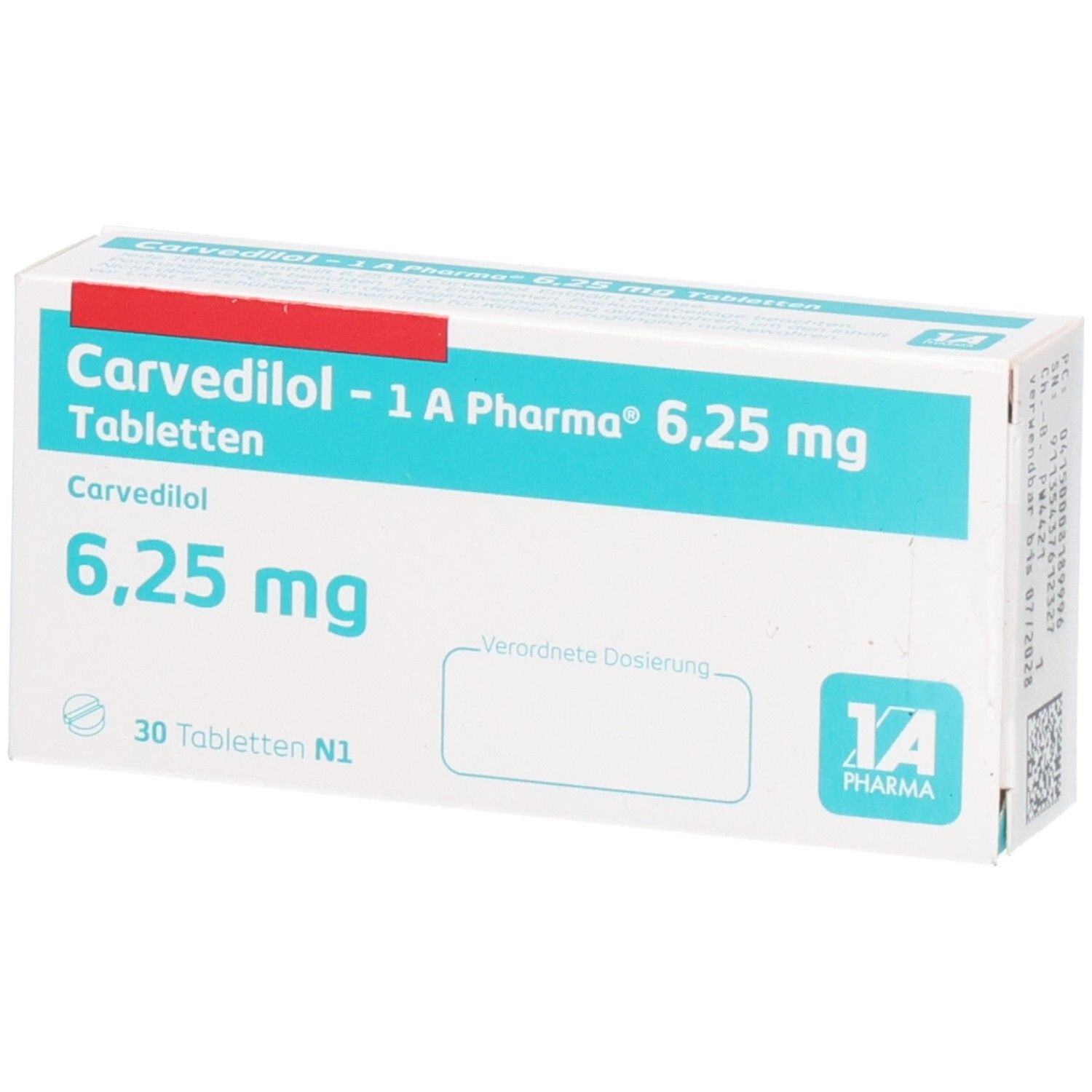 Schachtel mit Carvedilol 1a Pharma 6,25 mg Tabletten. Aufschrift: 6,25 mg, 30 Tabletten. Logo 1A Pharma.
